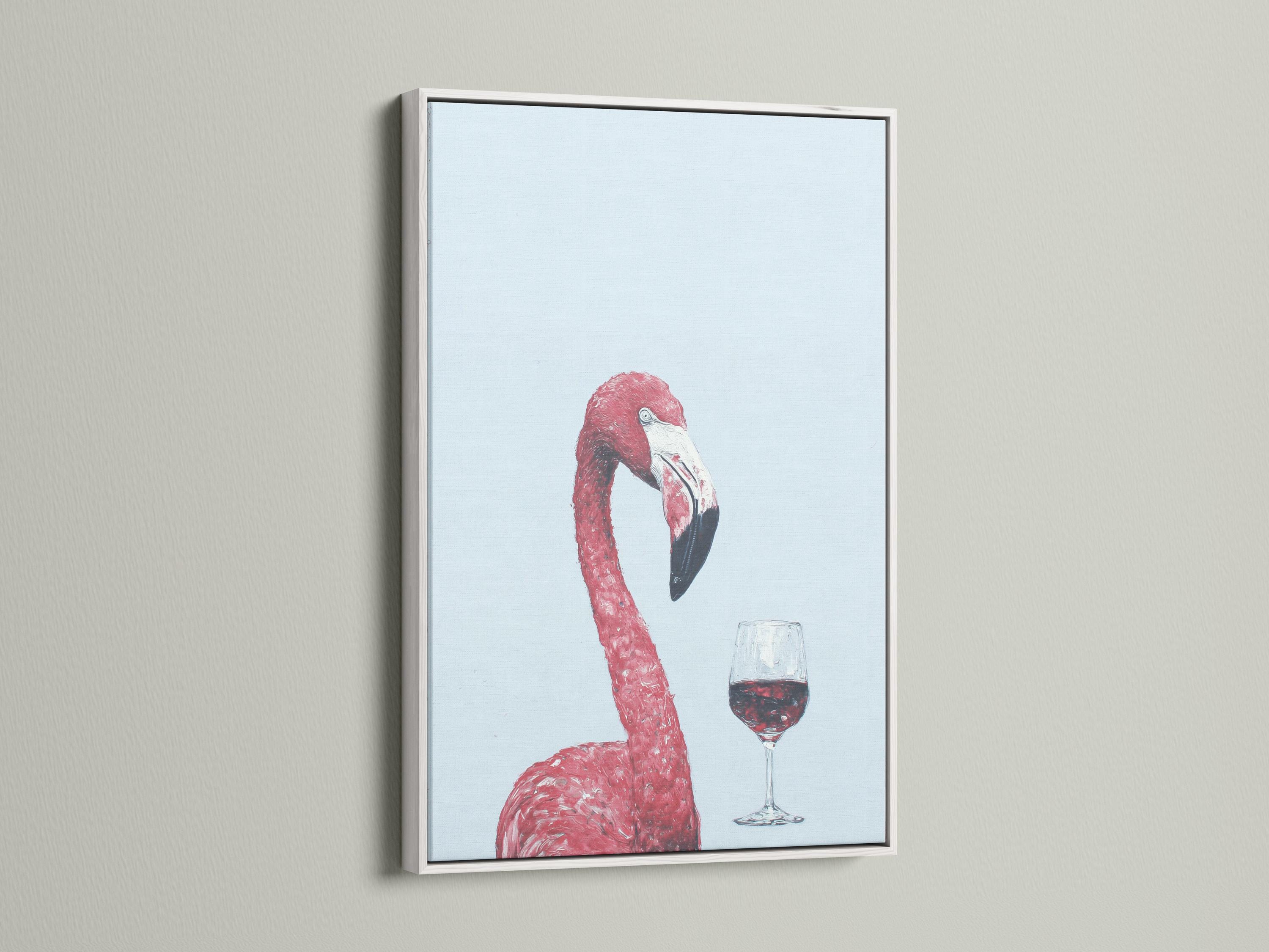 A pink flamingo is painted against a pale blue background, balancing a glass of red wine, with painterly speckled texture and soft contrast detail