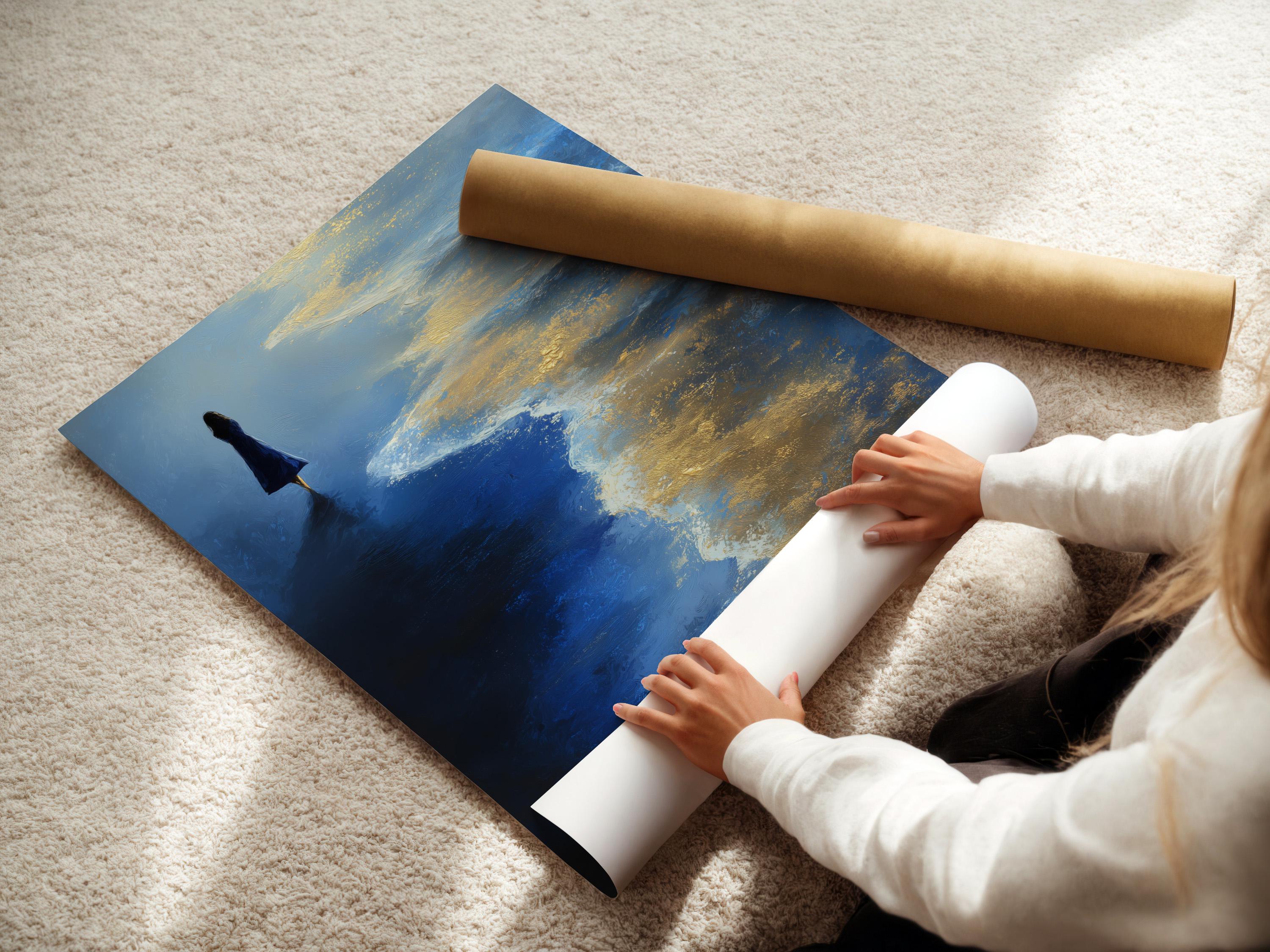 Painterly seascape with a lone silhouette standing in a blue ocean under glowing gold and ivory clouds detail view