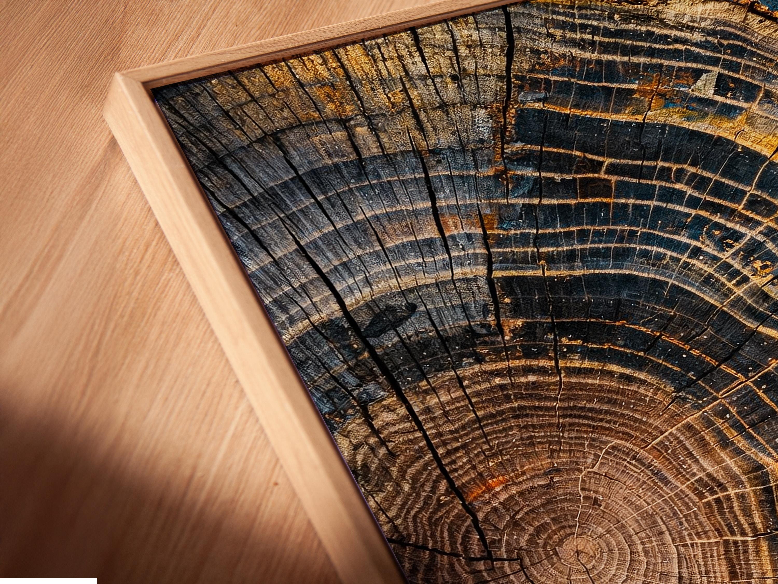 Bedroom mockup showing two framed tree ring artworks above a bed