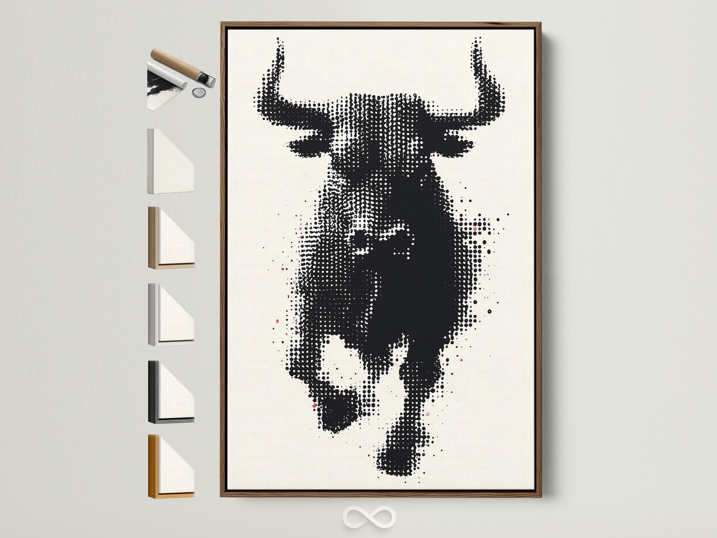 Black and white halftone bull head artwork with horns detail view
