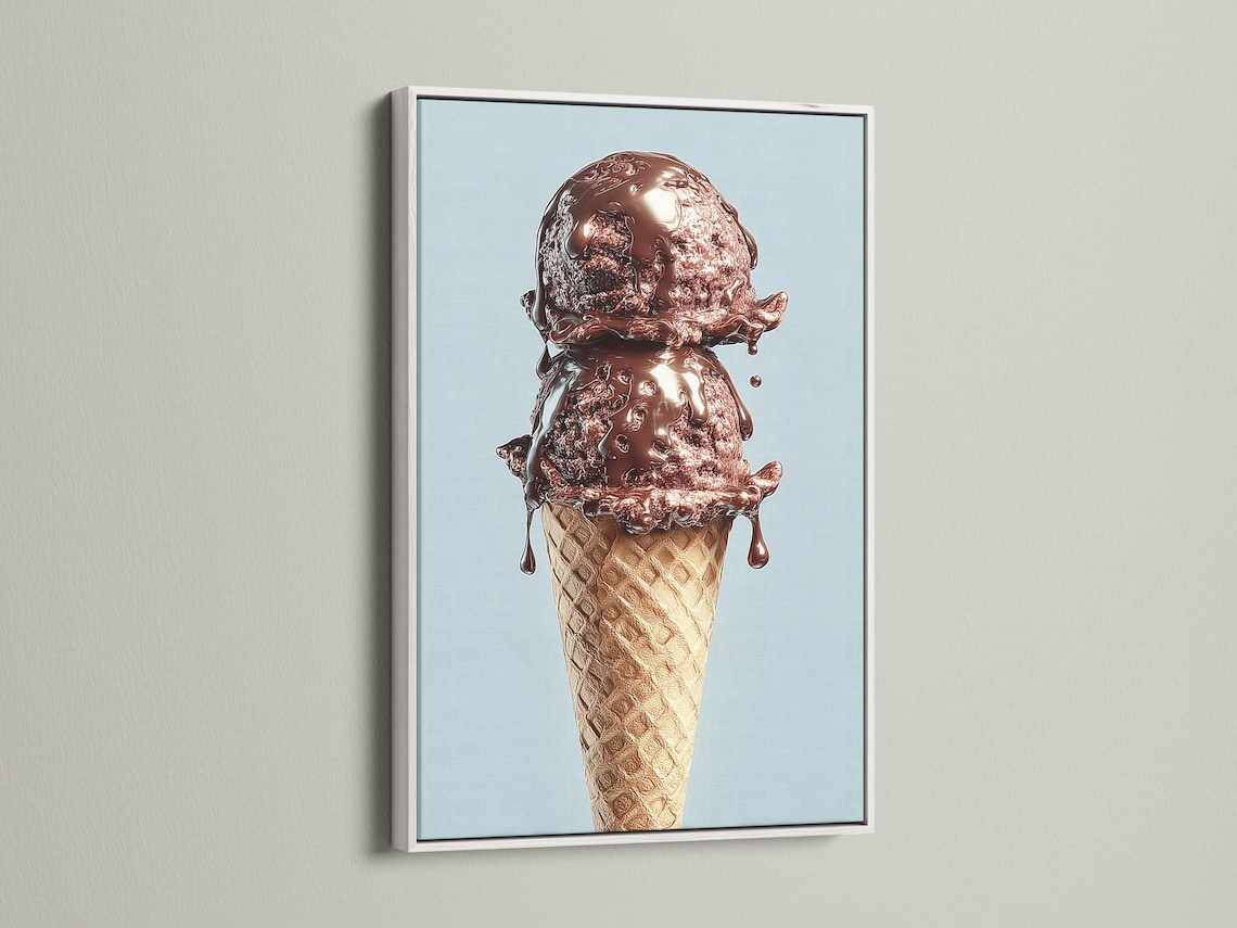 Chocolate ice cream cone illustration on a light blue background detail view