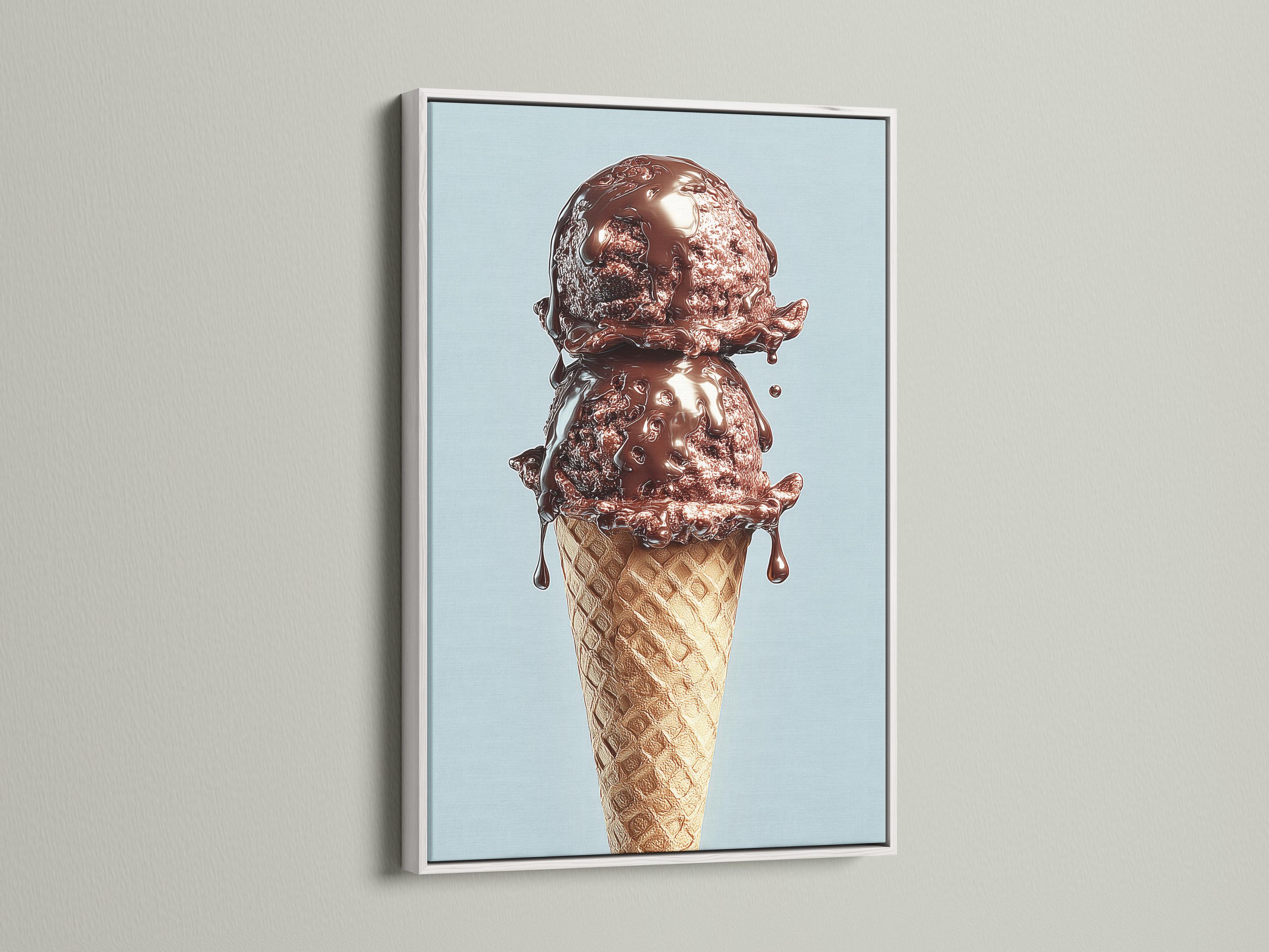 Chocolate ice cream cone illustration on a light blue background detail view