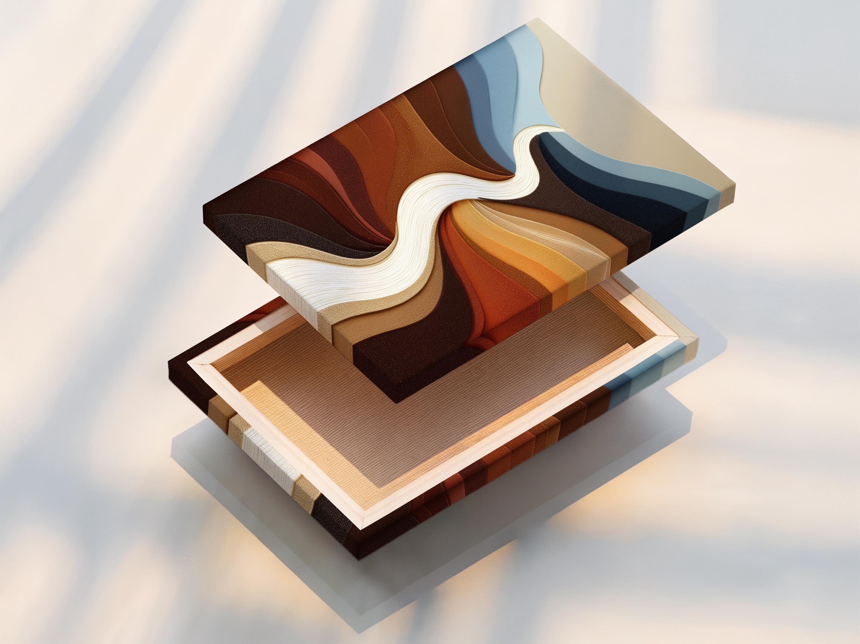 Abstract river-like flow with cream ribbon, blue-grey bands and warm brown terracotta curves detail view