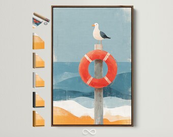 Seagull Canvas Art - Coastal Beach Print, Nautical Wall Decor, Coral Lifebuoy Artwork, Beach House Decor, Ocean Lover Gift