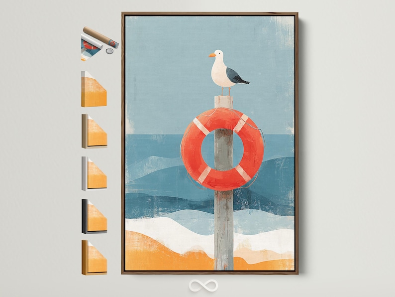 Stylised seagull perched on a red lifebuoy over layered blue waves and sand