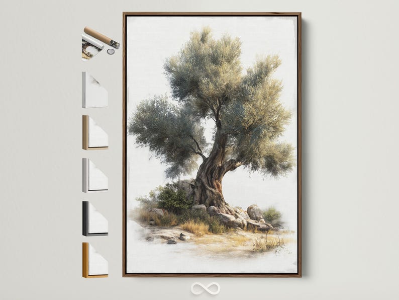 Painterly olive tree with dense green foliage above rocky riverbank and calm water in soft mist