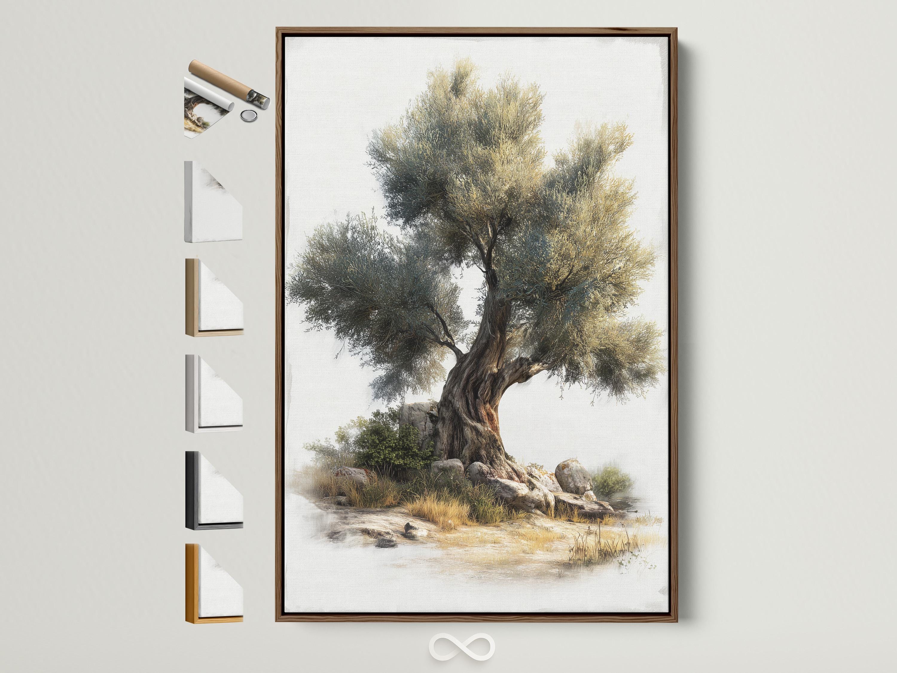 Painterly olive tree with dense green foliage above rocky riverbank and calm water in soft mist