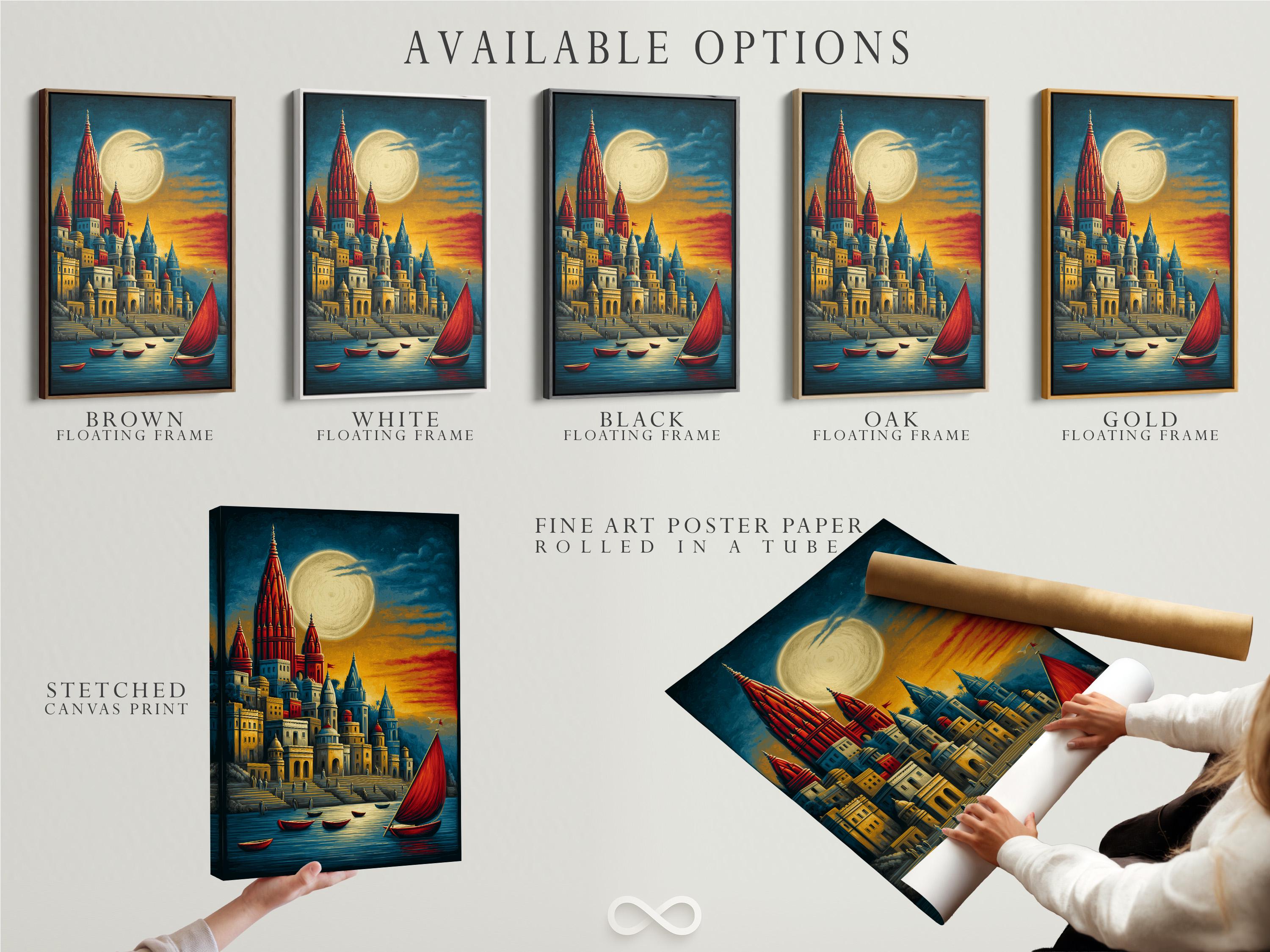Moonlit harbour cityscape with red spires, boats, and a large pale moon over reflective water detail view