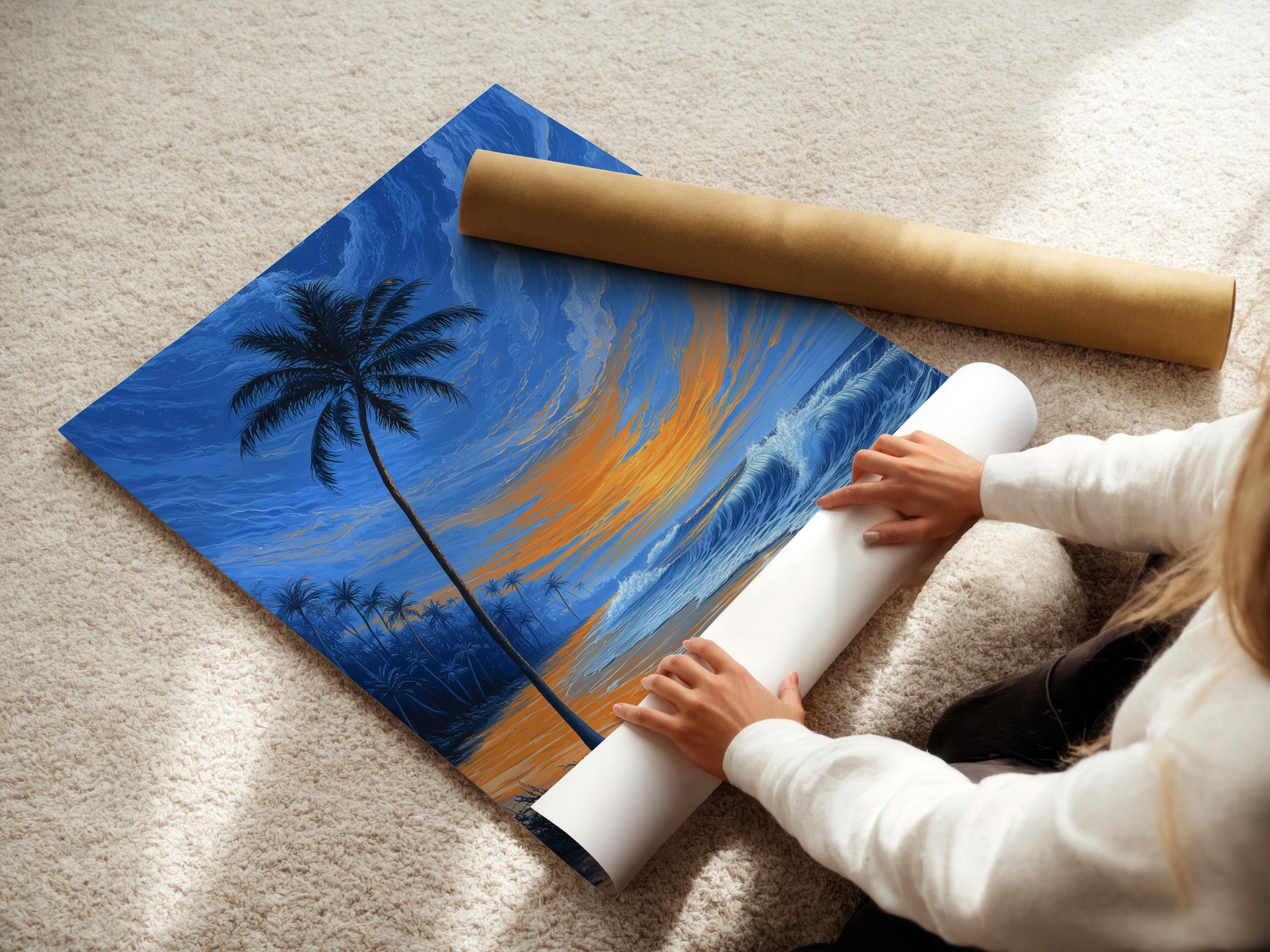 Palm tree tropical beach scene with ocean waves and a glowing sunset sky detail view