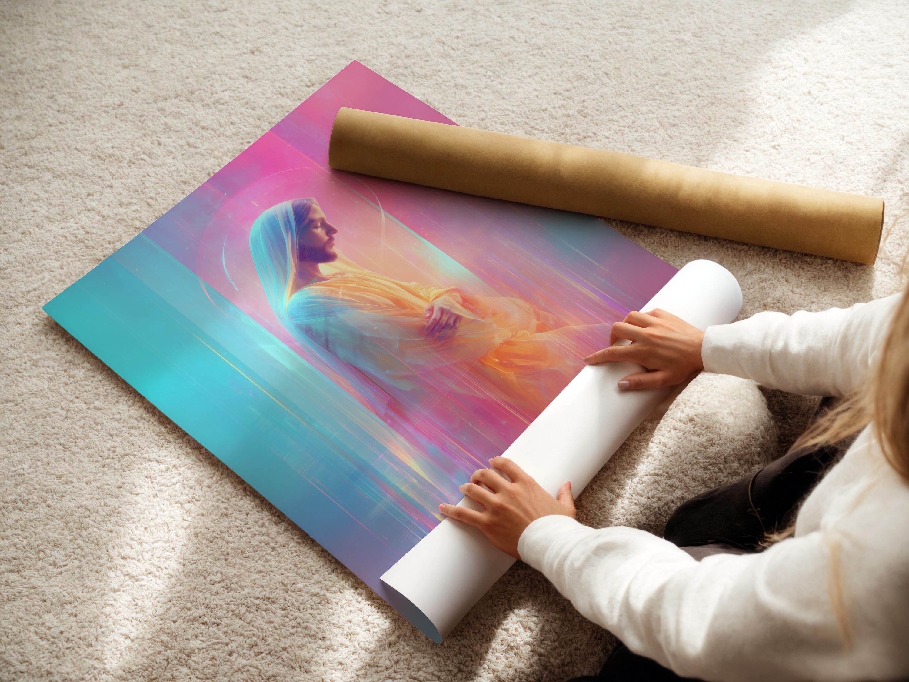 Stylised Jesus Christ portrait in profile with a glowing halo, pink and aqua background detail view