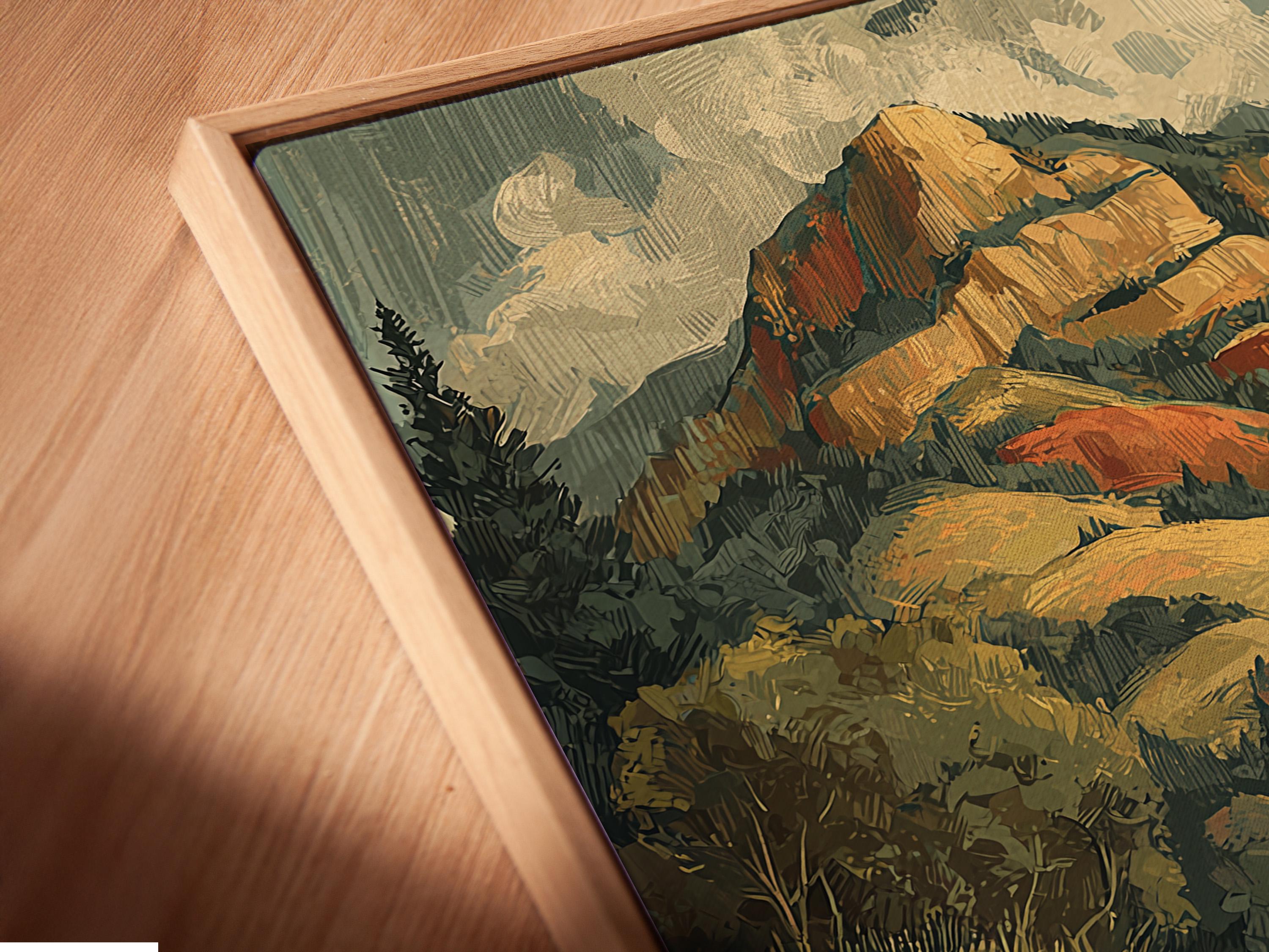 Retro mountain cycling scene with several cyclists riding on a winding road through forested hills detail view