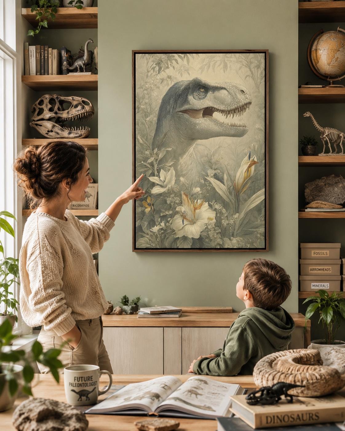 Woman standing in a room next to a framed dinosaur and botanical illustration on the wall