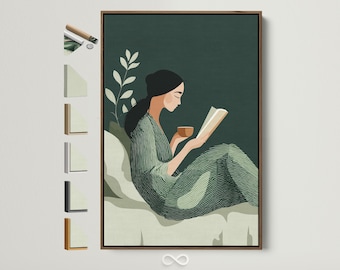 Green Botanical Art Print - Woman Reading Book, Sage Green Minimalist Poster, Modern Home Library Decor, Cozy Study Room Gift for Book Lover