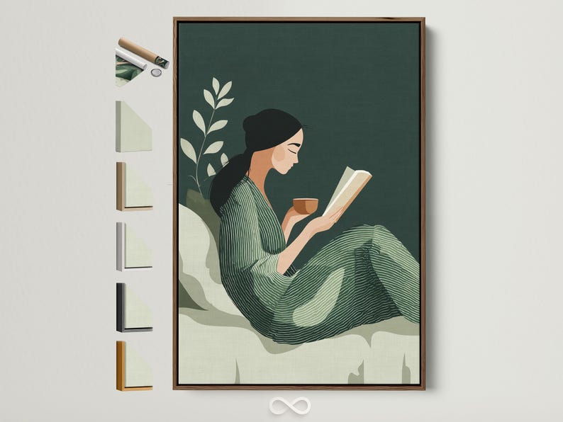 Sage green botanical illustration of a woman reading an open book in profile with leafy stems