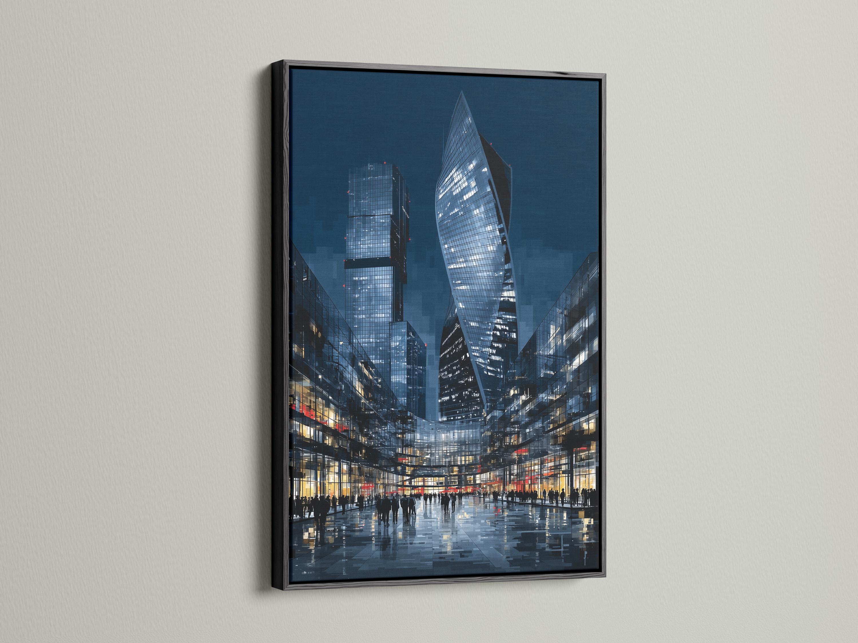 Night cityscape with tall glass skyscrapers, glowing windows and reflective wet street detail view