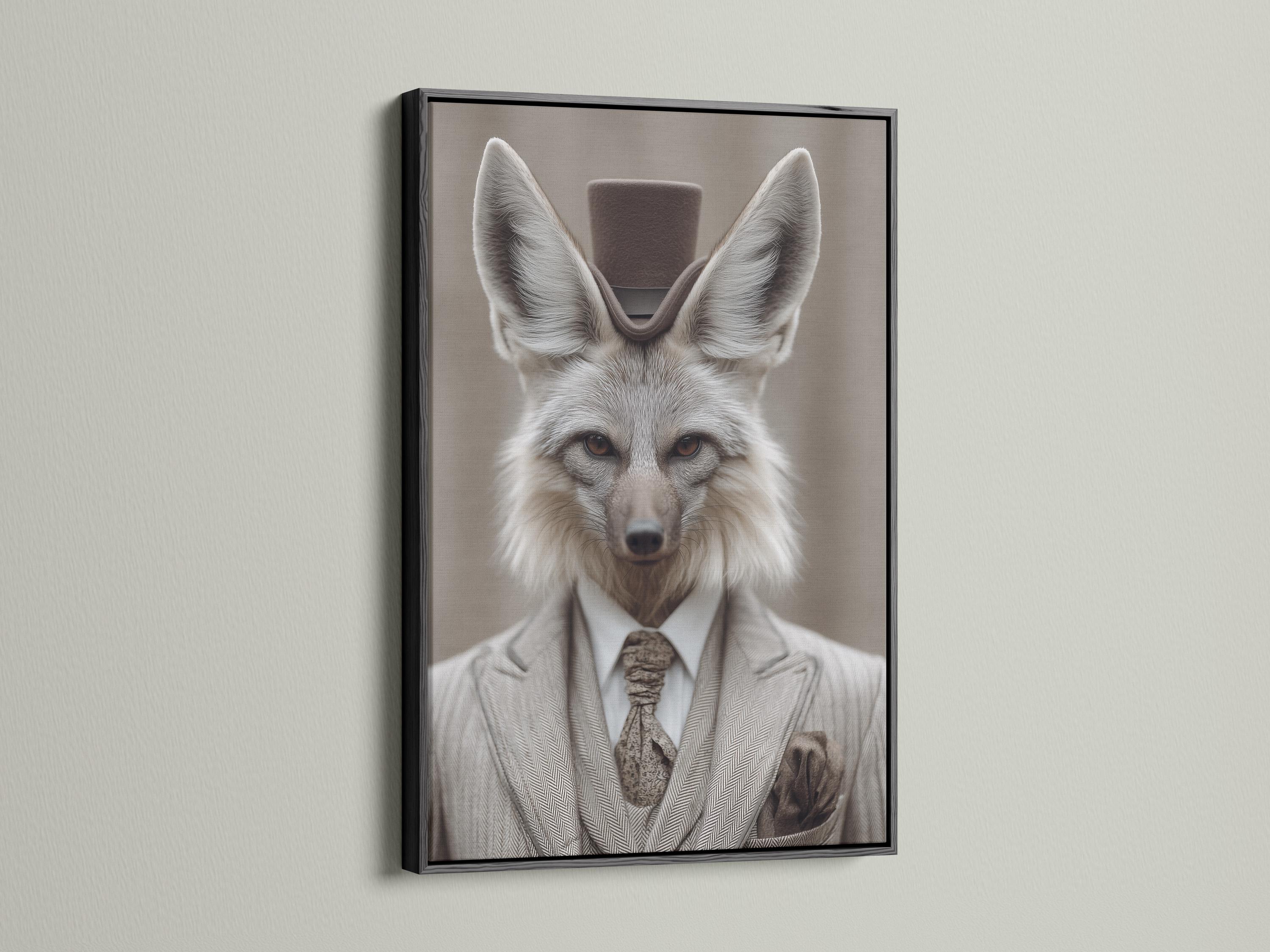 Portrait of a grey fox dressed as a gentleman with upright ears, suit collar and bow tie detail view