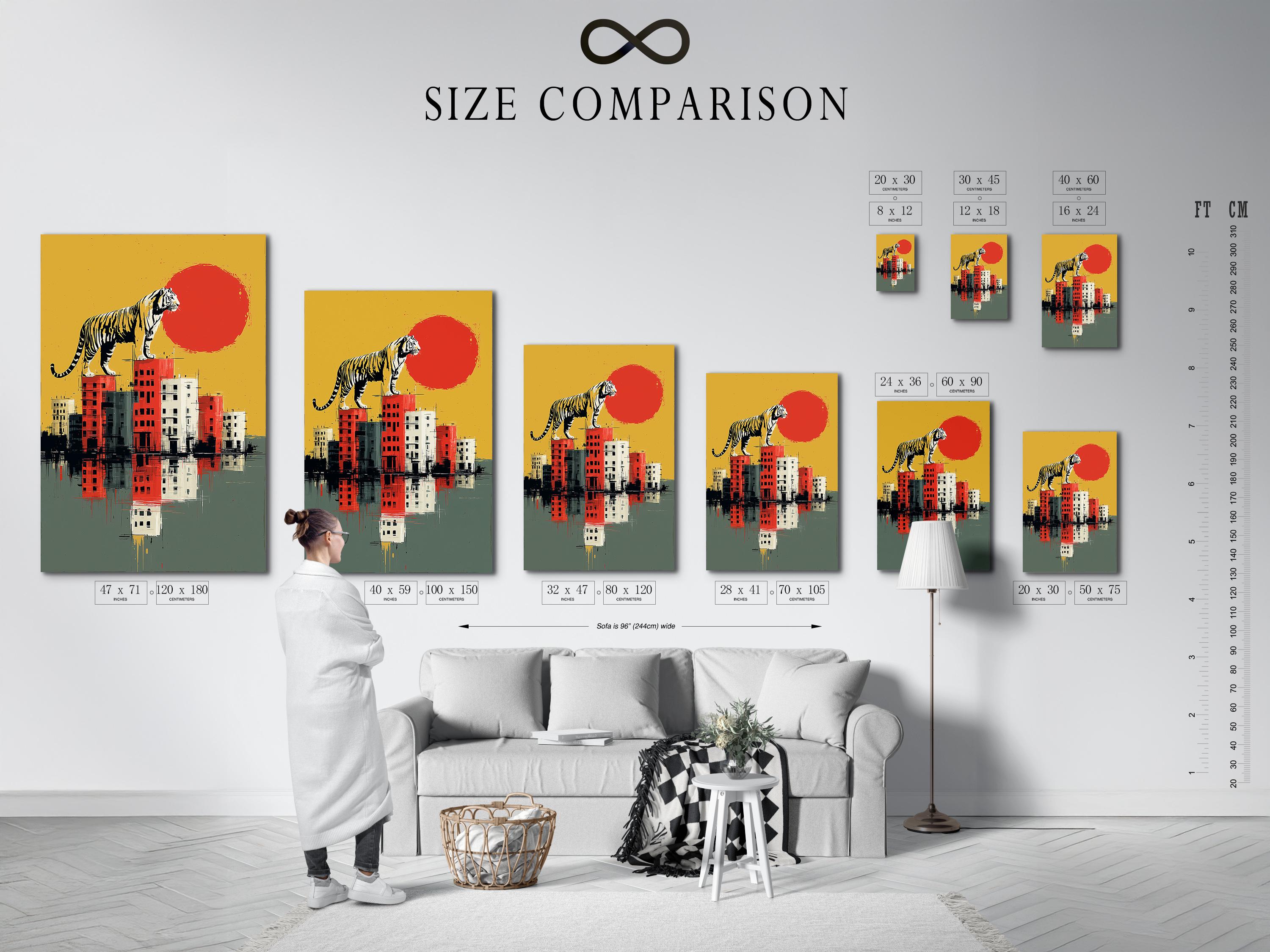 Stylised tiger standing above a blocky cityscape with mirrored reflections in ochre and red detail view