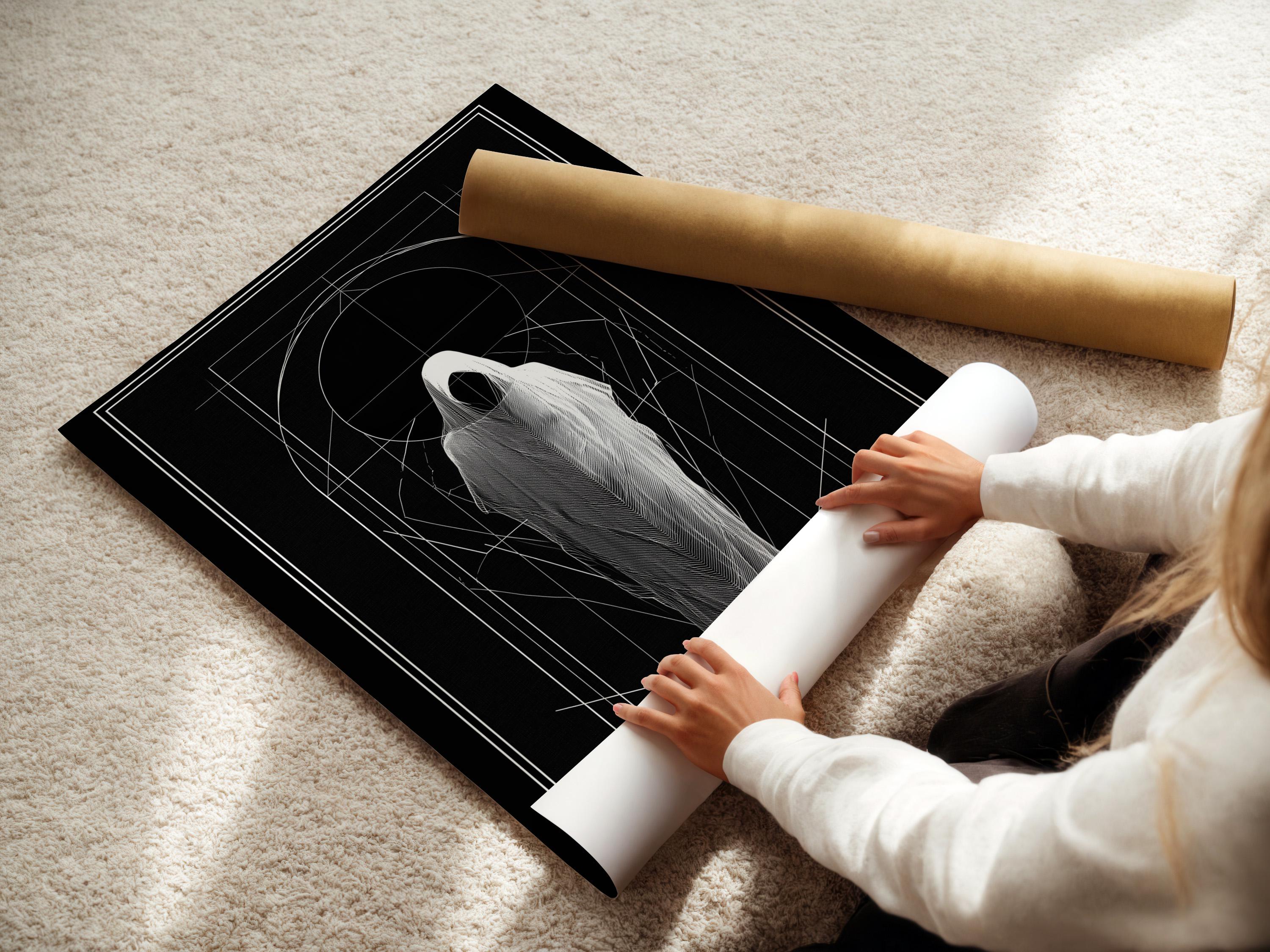 Monochrome geometric drawing of a hooded figure with white arch and grid lines on dark background detail view