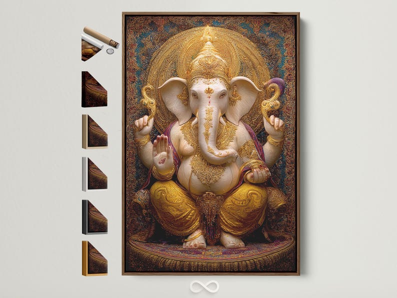 Golden elephant-headed deity figure with ornate filigree halo and swirling border on a dark maroon background