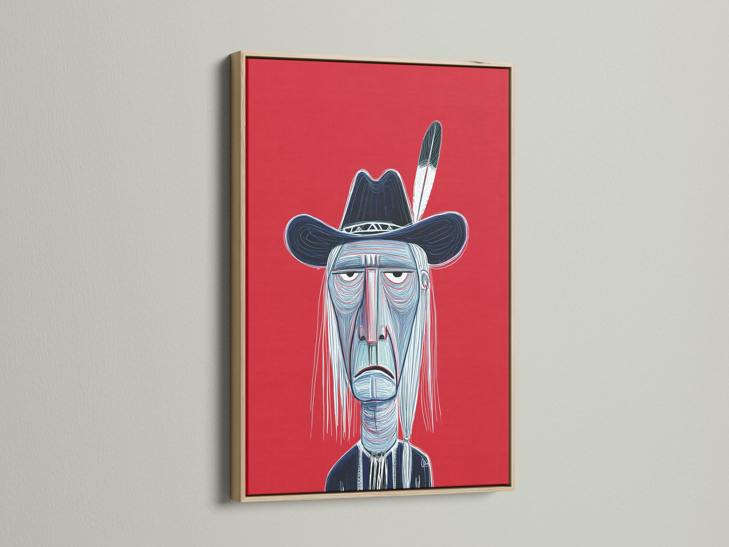 Stylised cowboy portrait with a wide-brim hat on a red background detail view
