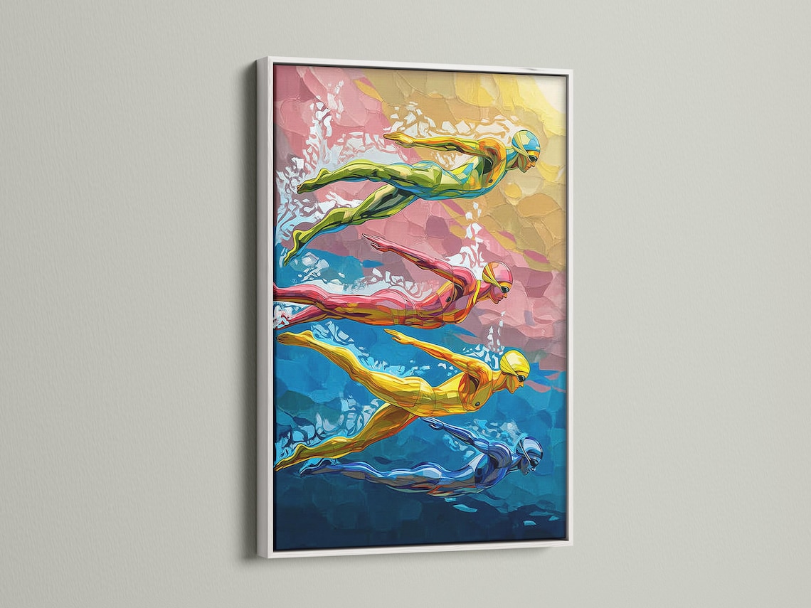 Room mockup showing a framed swimmer artwork on a light wall