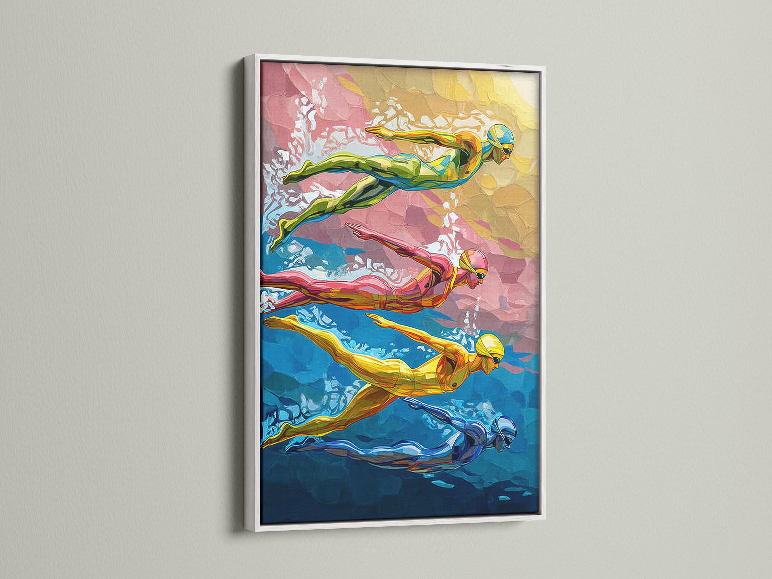 Room mockup showing a framed swimmer artwork on a light wall