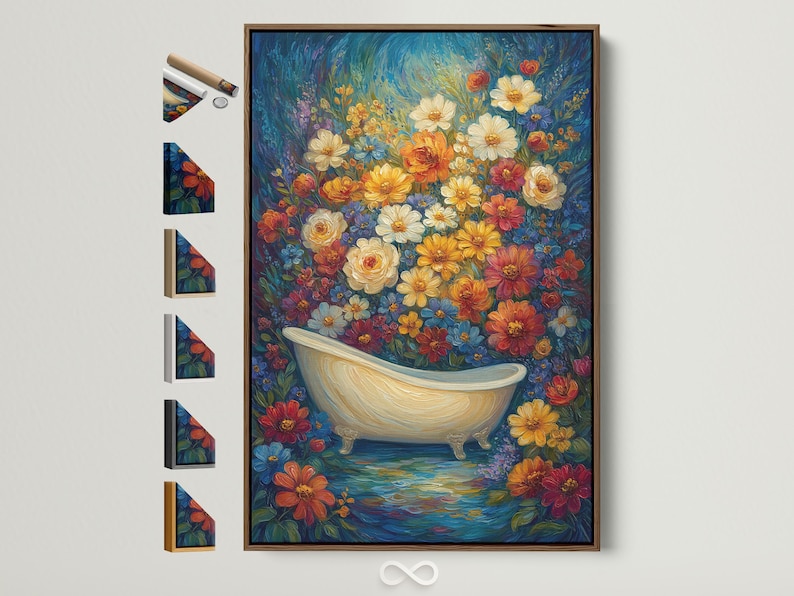 Floral bathtub artwork with a cream clawfoot tub surrounded by colourful flowers on a blue background