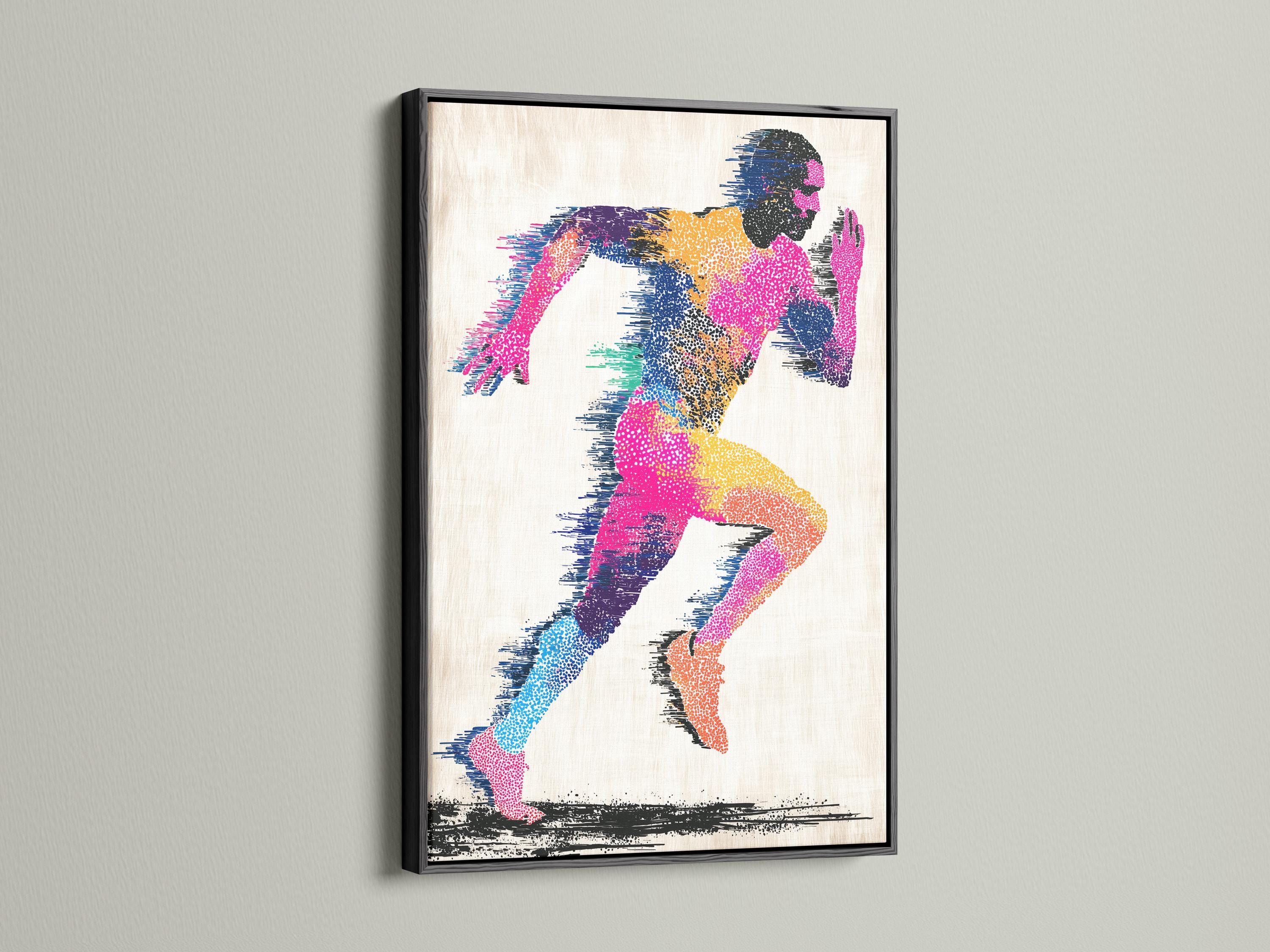 Abstract running man artwork with multicolour speckled figure and black accents detail view
