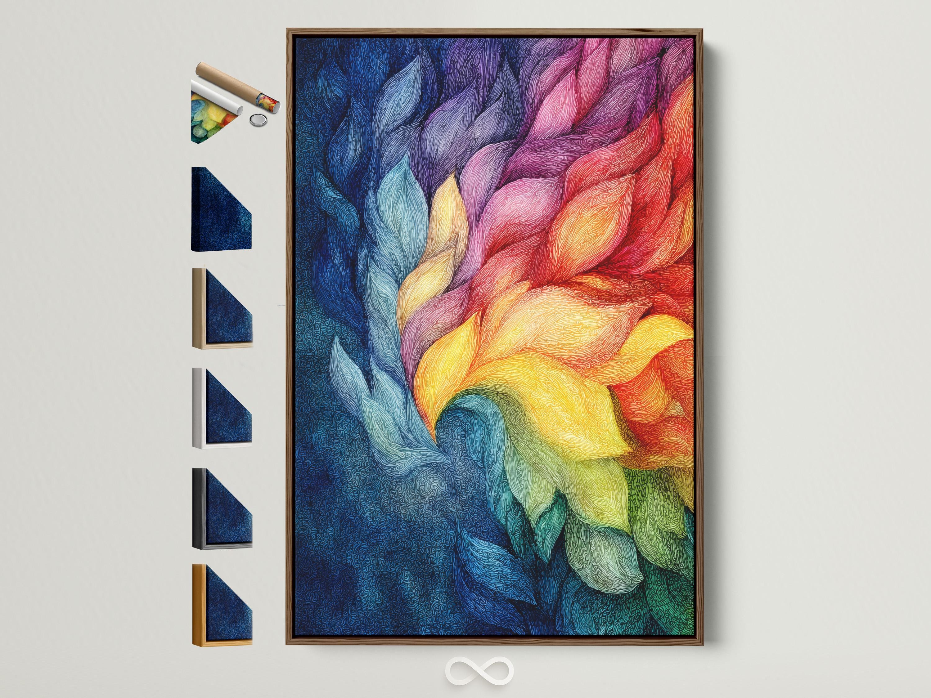 Person standing beside a framed rainbow abstract artwork in a bright room