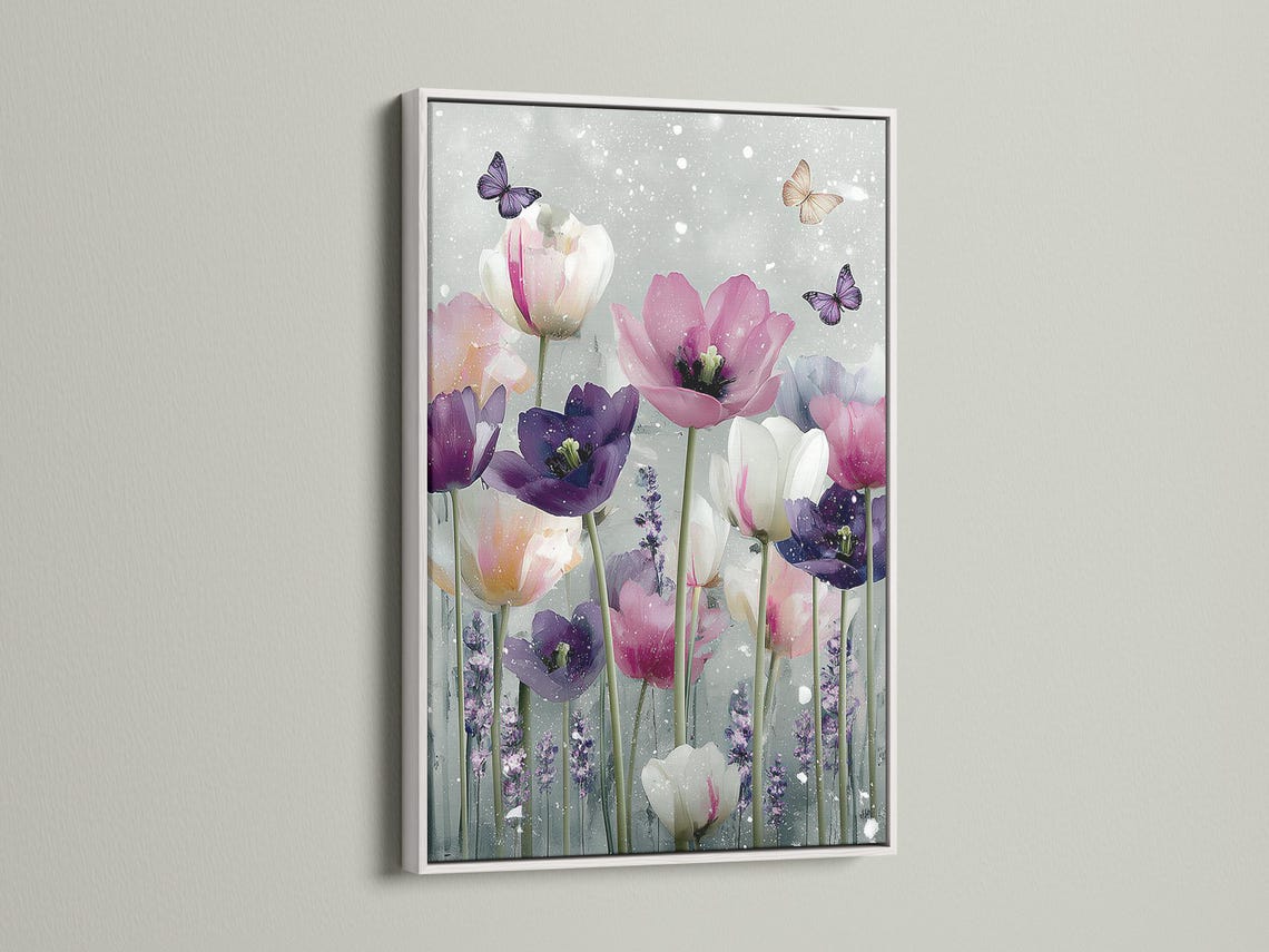 Tulip bouquet with butterflies in blush pink and purple on a pale speckled background detail view