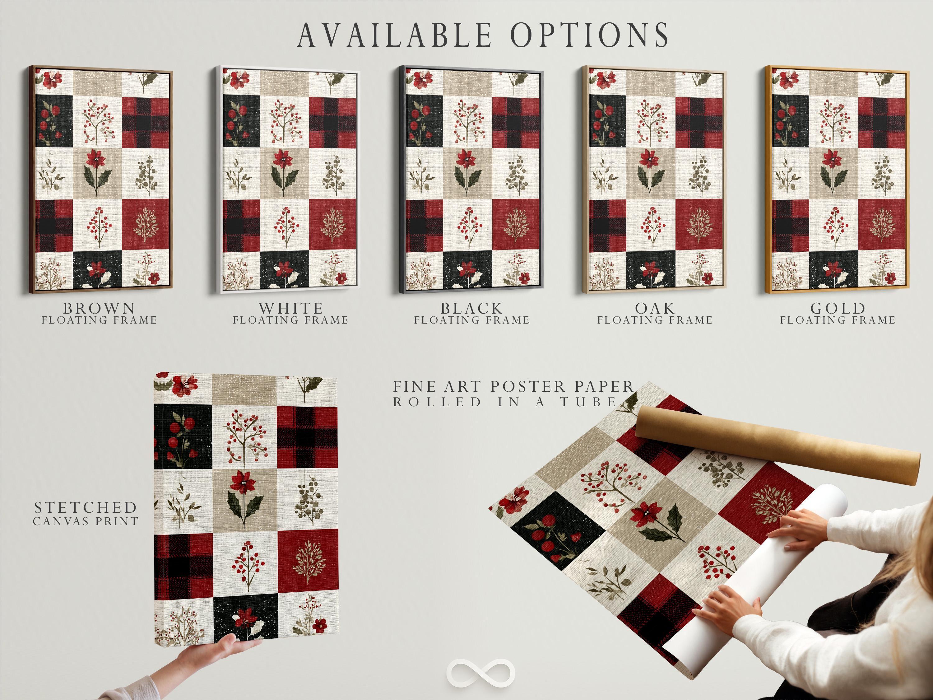 Patchwork floral artwork with red flowers and berries on cream, beige, and dark blocks detail view