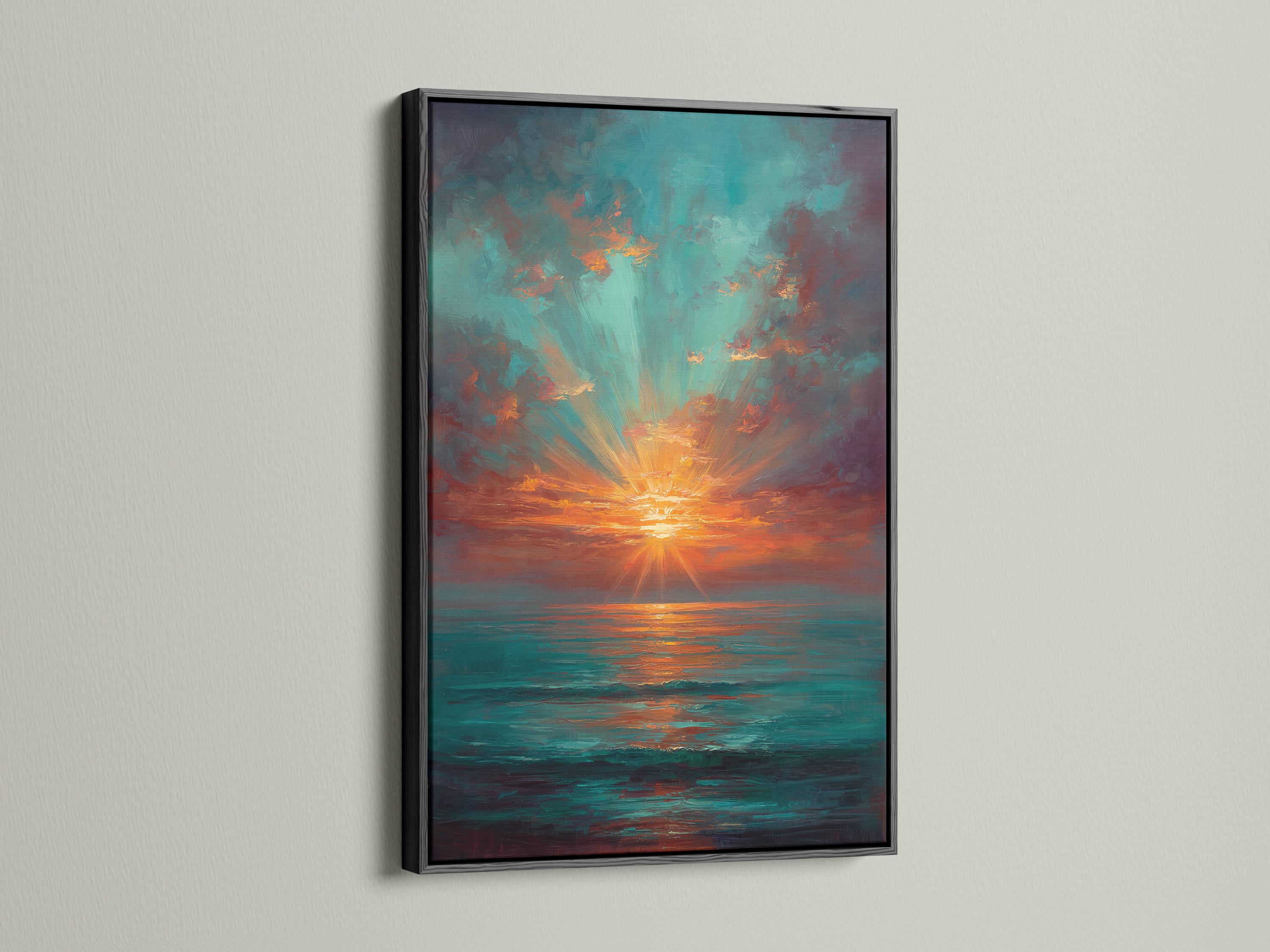 Room mockup with a sofa and a framed teal and copper sunset seascape artwork on the wall