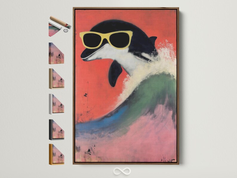 Stylised dolphin wearing oversized sunglasses against a coral red background with teal wave-like colours