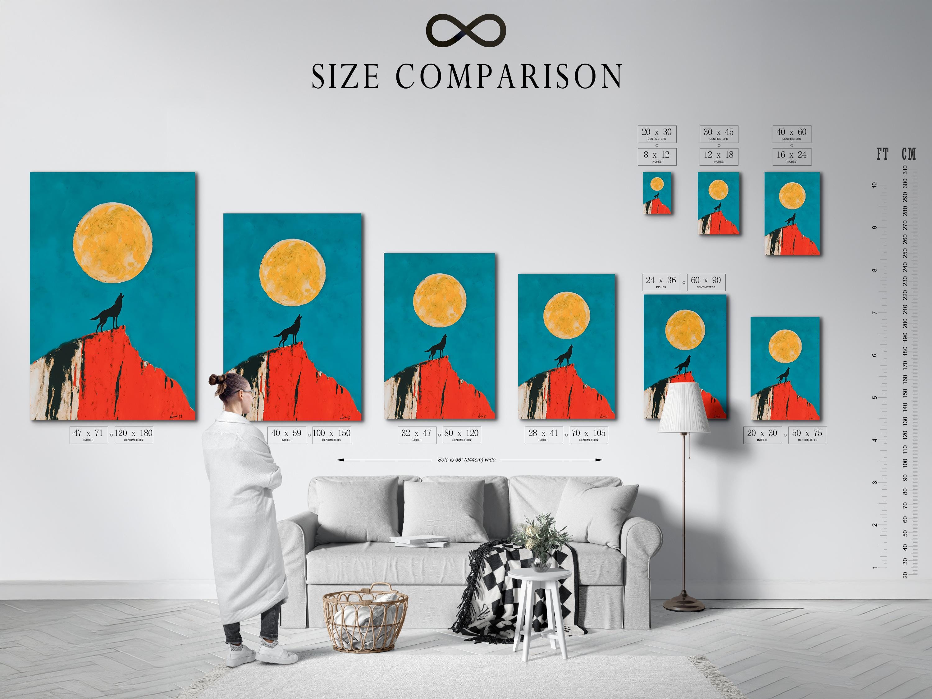 Mockup showing framed wolf moon artwork with a teal background, wolf silhouette and red cliff