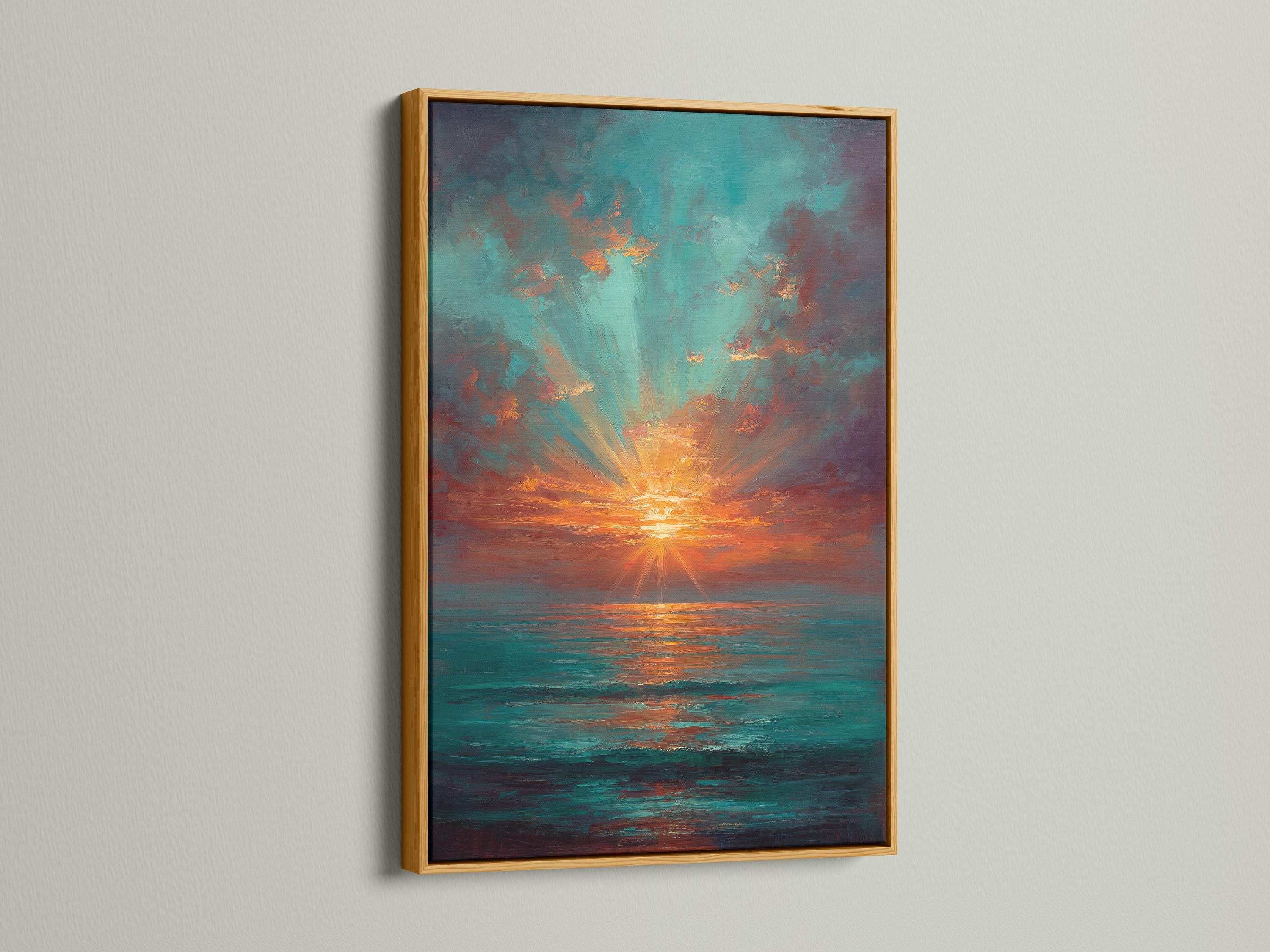 Room mockup with a sofa and a framed teal and copper sunset seascape artwork on the wall