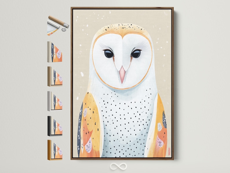Illustrated owl with oversized dark eyes on a warm beige background with orange outlines and dotted chest