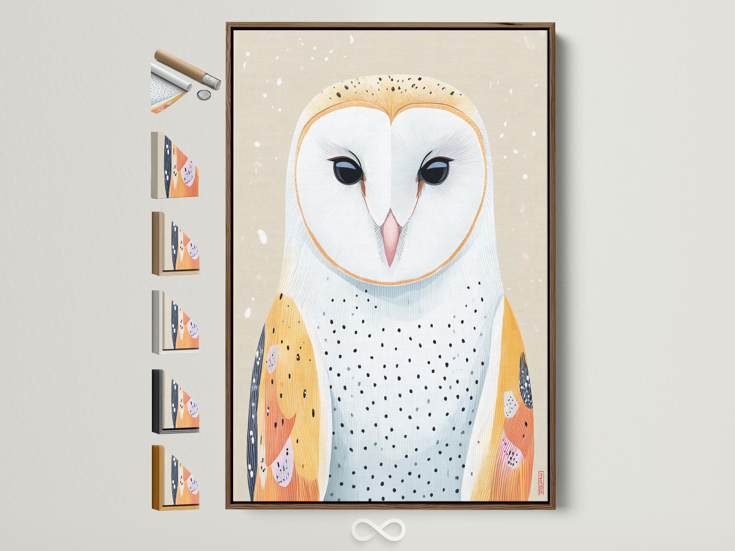 Illustrated owl with oversized dark eyes on a warm beige background with orange outlines and dotted chest
