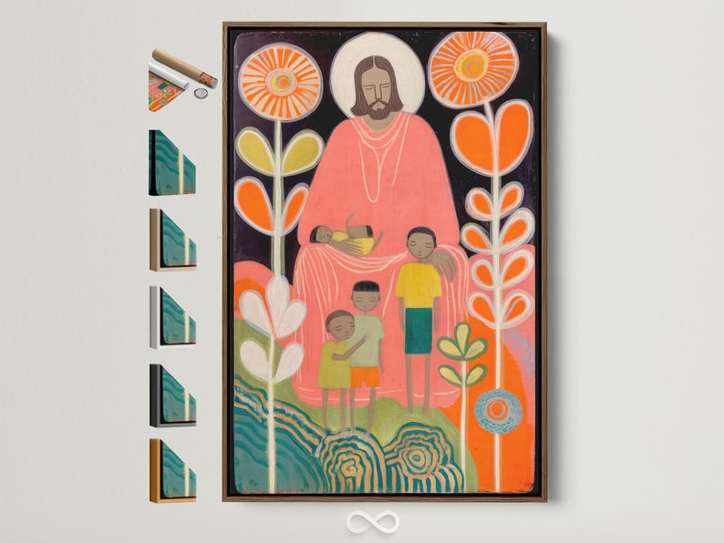 Folk art religious illustration of a haloed bearded figure with children, surrounded by glowing circles and flower stems