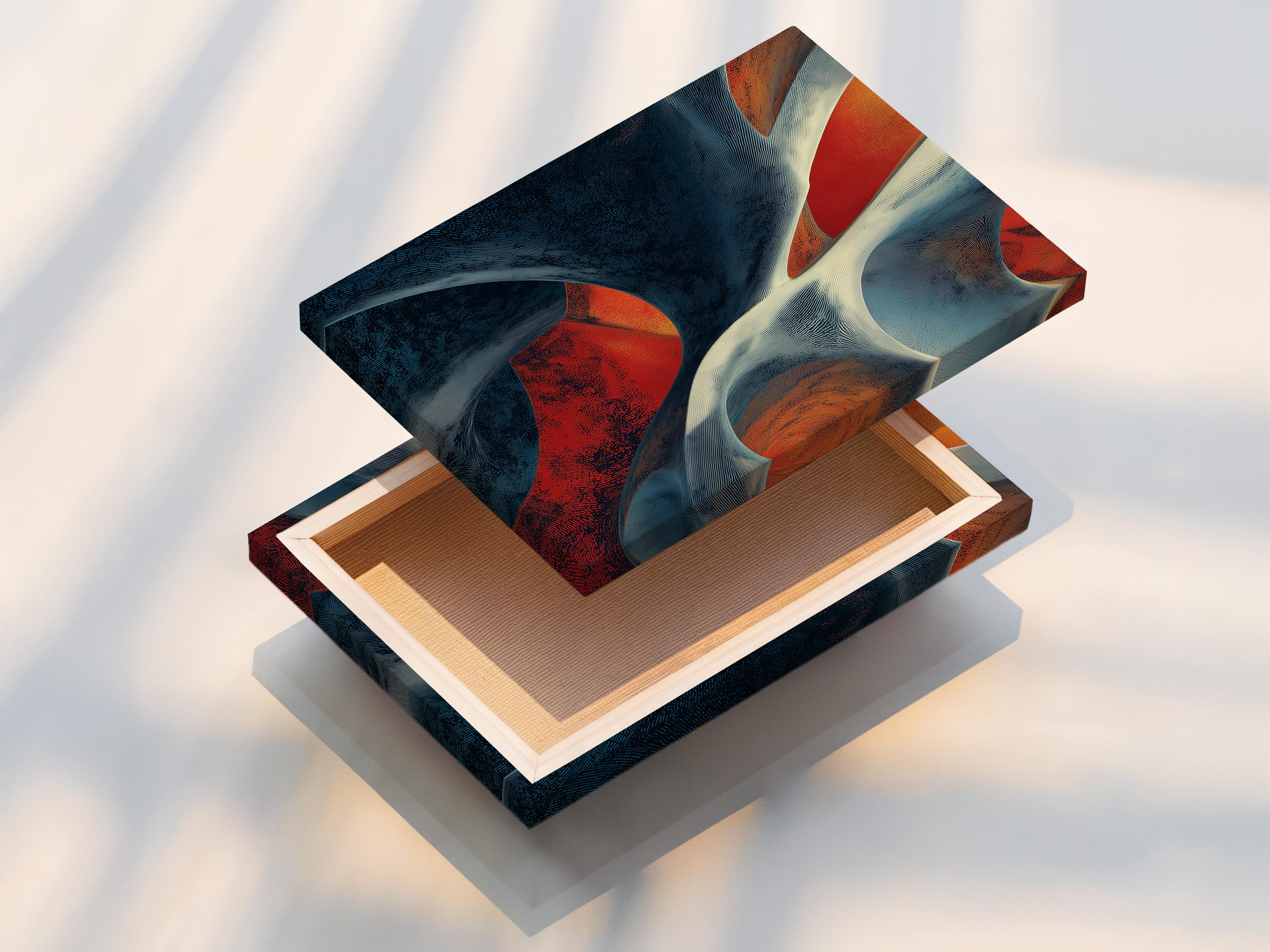 Abstract geometric artwork with indigo and blue curved ribbons, cream highlights, and coral-red accents detail view