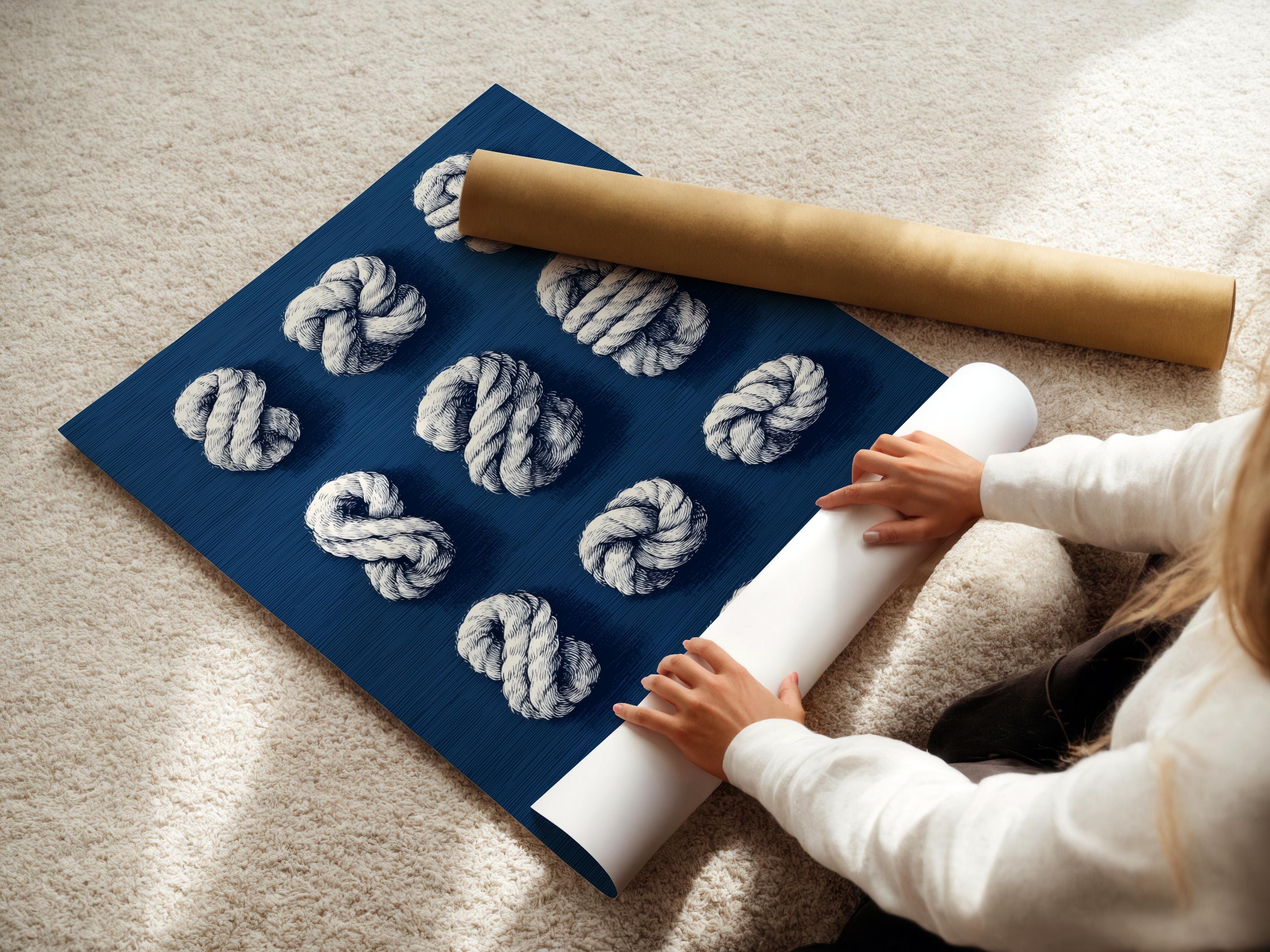 Nine white rope knots arranged on a navy blue background detail view
