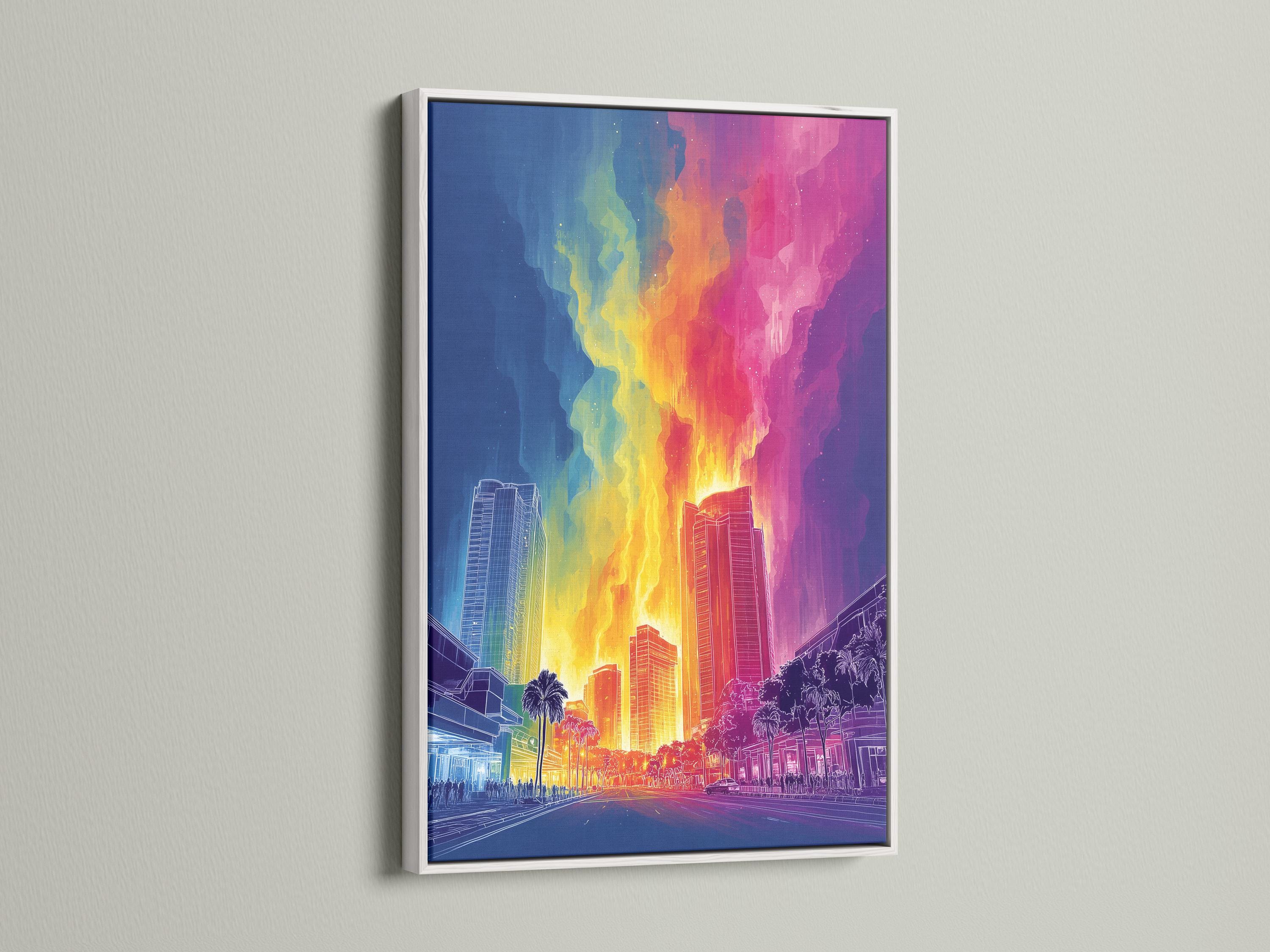 Neon rainbow cityscape skyline with glowing skyscrapers, street perspective and palm trees detail view