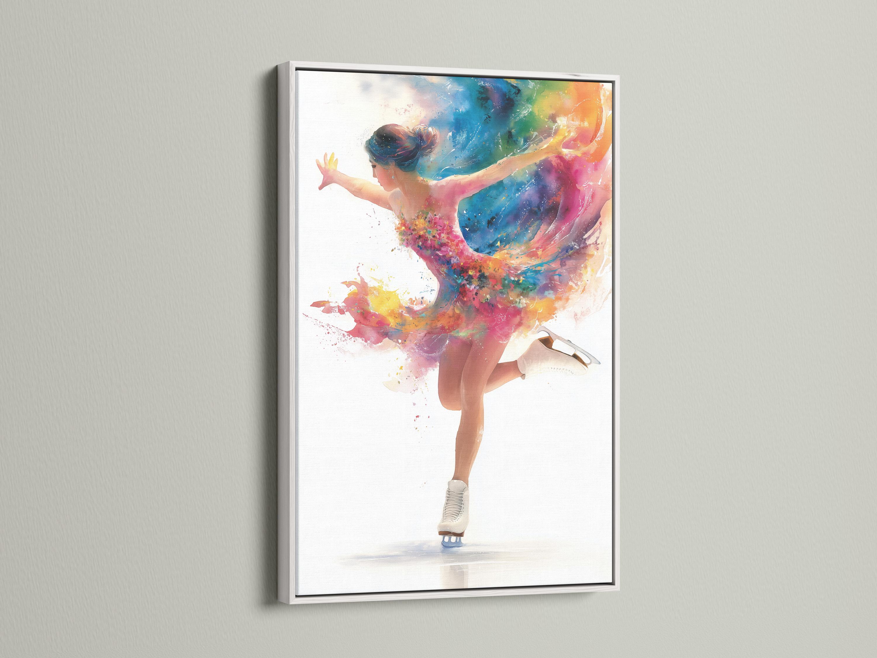 Stylised figure skater dancer with multicolour paint-splash motion over a white background detail view