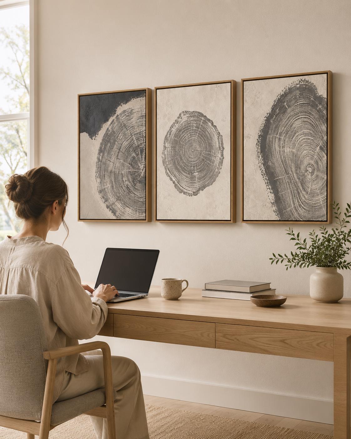 Three-panel abstract tree-ring circles in grey linework on neutral backgrounds detail view