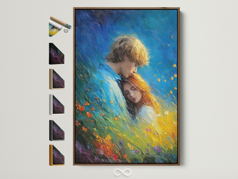 Painted romantic couple embracing in a blue field with warm yellow and gold highlights