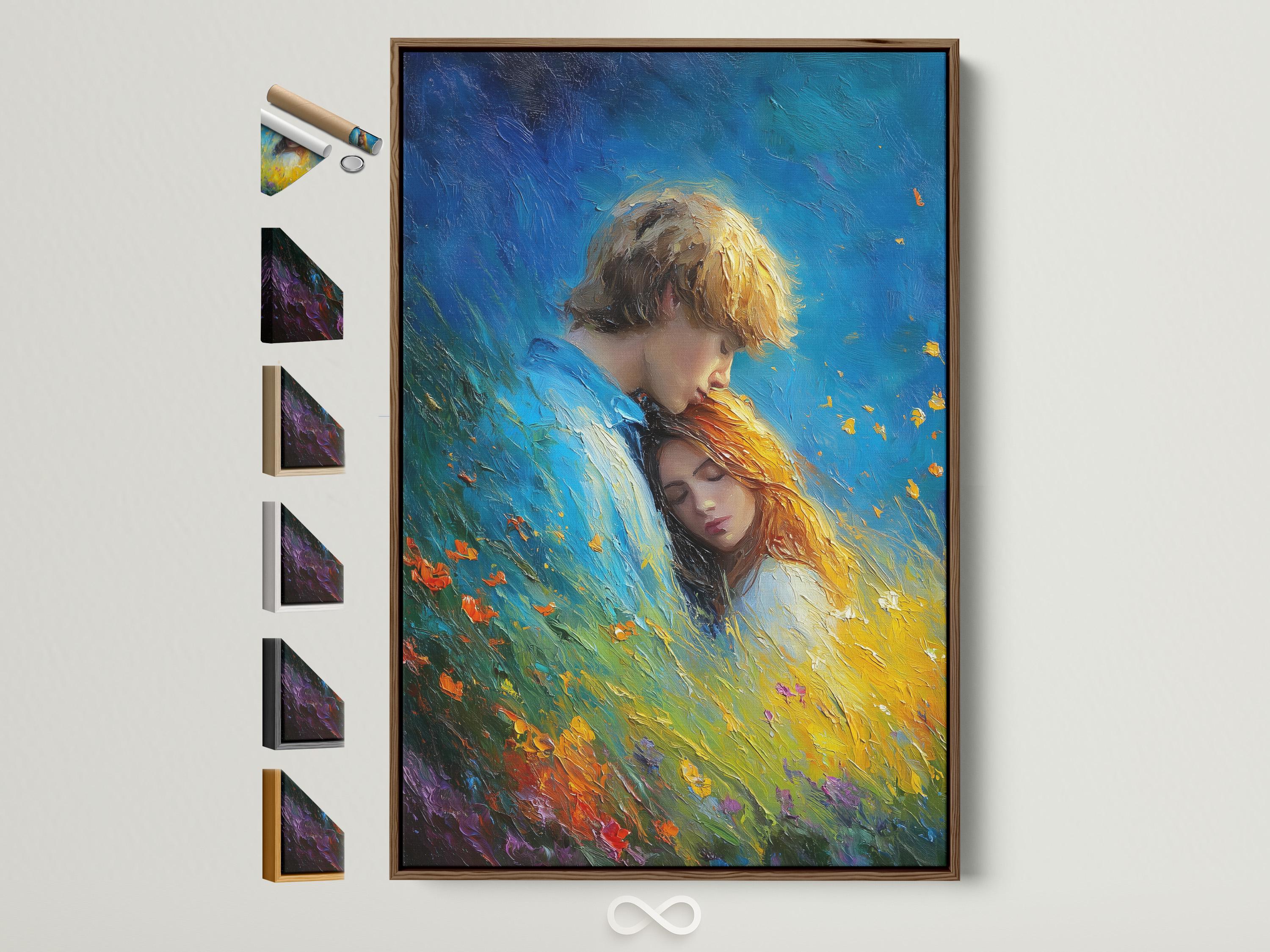 Painted romantic couple embracing in a blue field with warm yellow and gold highlights