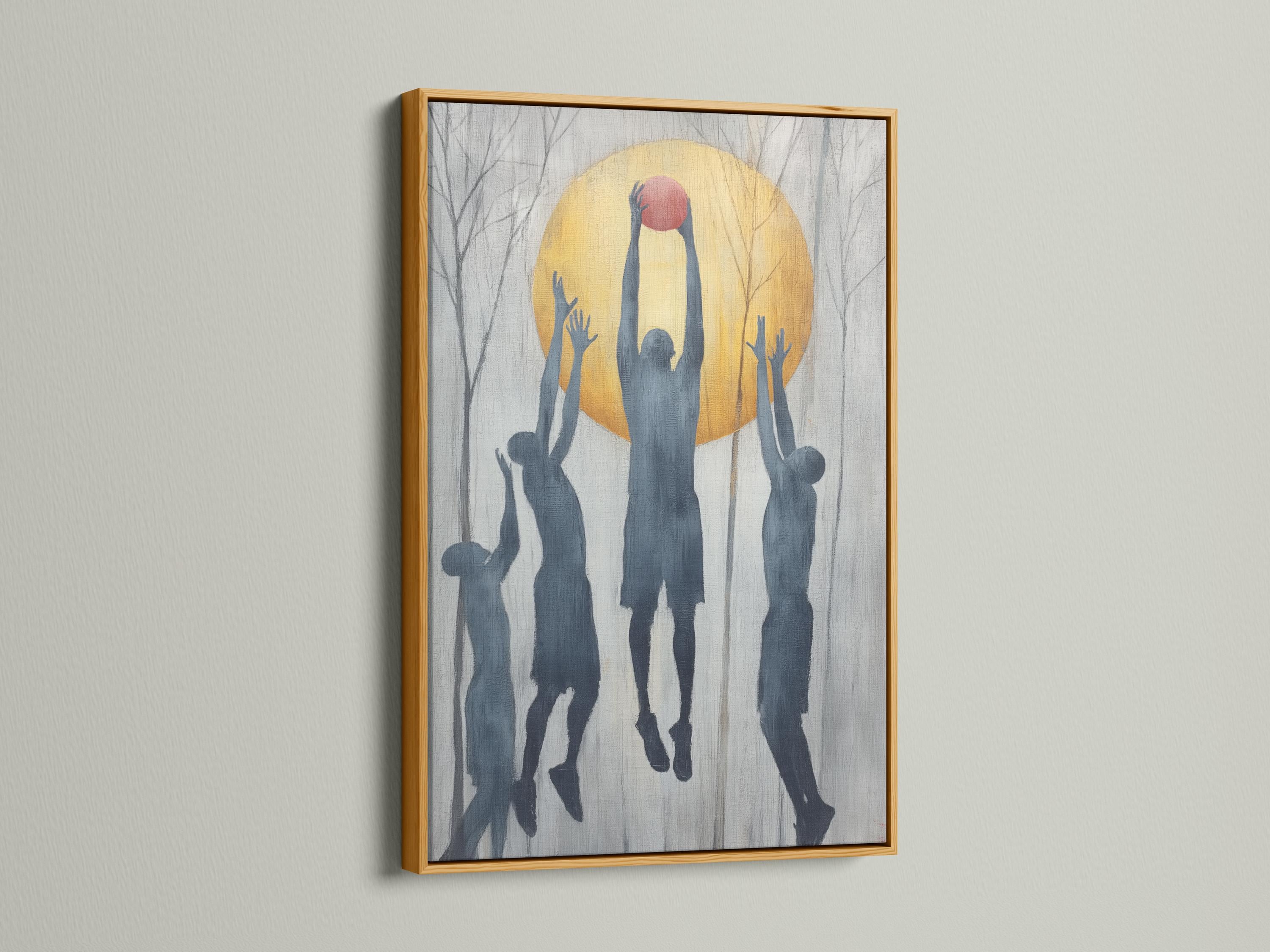 Basketball hoop silhouette with blue player figures reaching up inside a golden circle detail view