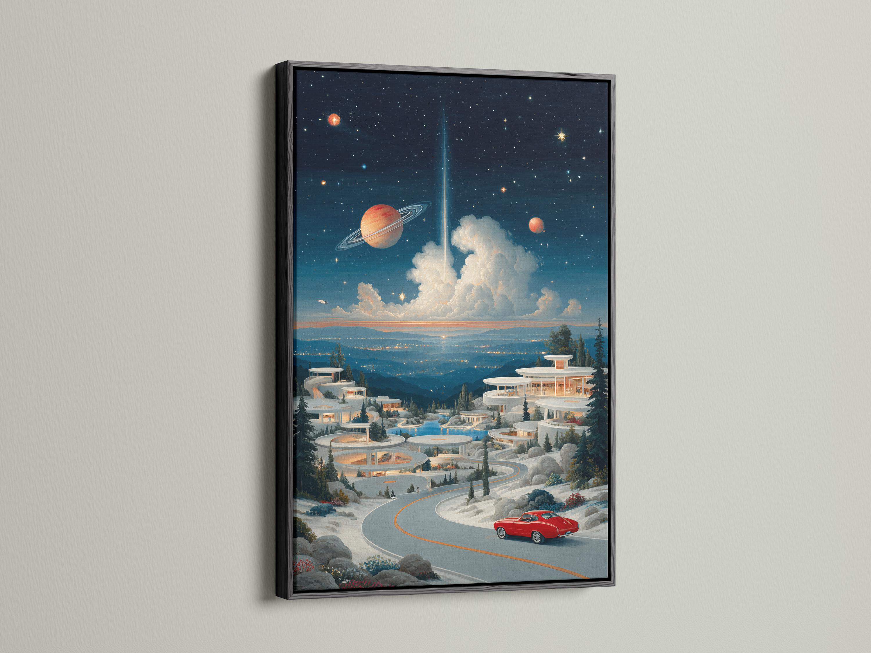 Surreal space landscape with planets, stars, snowy futuristic buildings and a red car on a winding road detail view