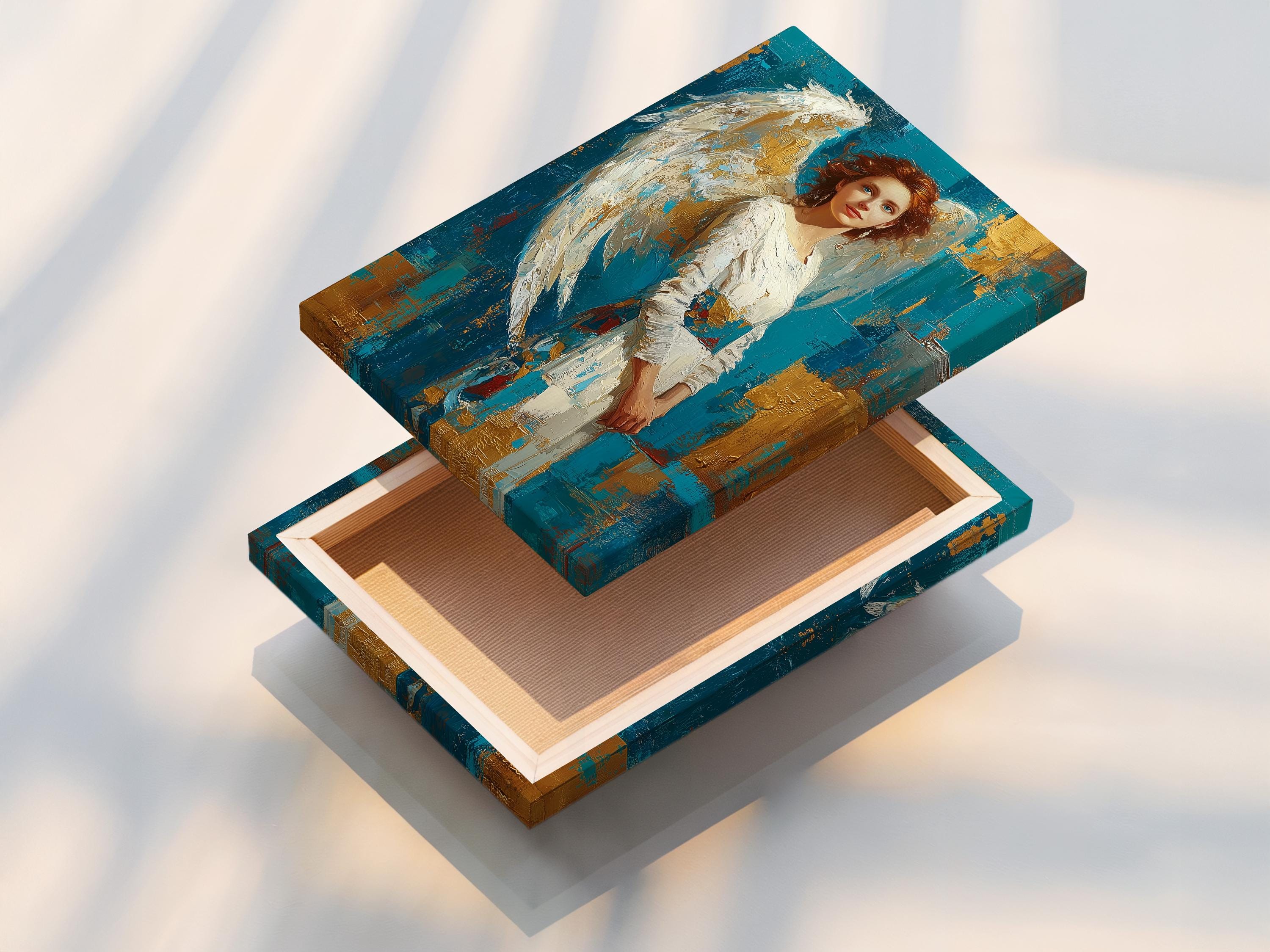 A teal and gold portrait of a woman with white angel wings, rendered in a painterly style with textured, gold-flecked background blocks detail view