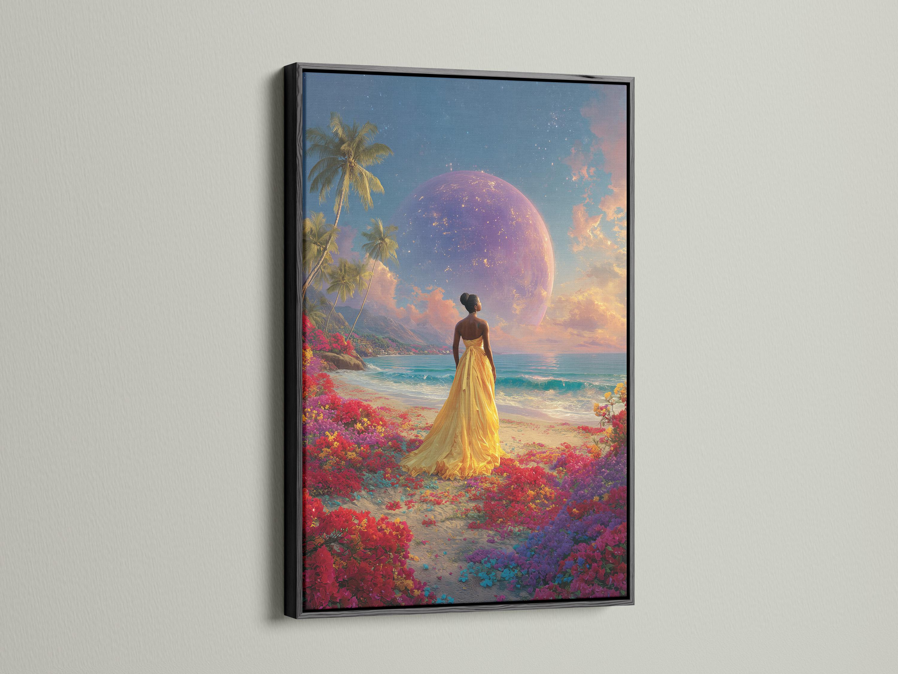 Room scene with a woman in a gold dress tropical beach artwork leaning against a wall
