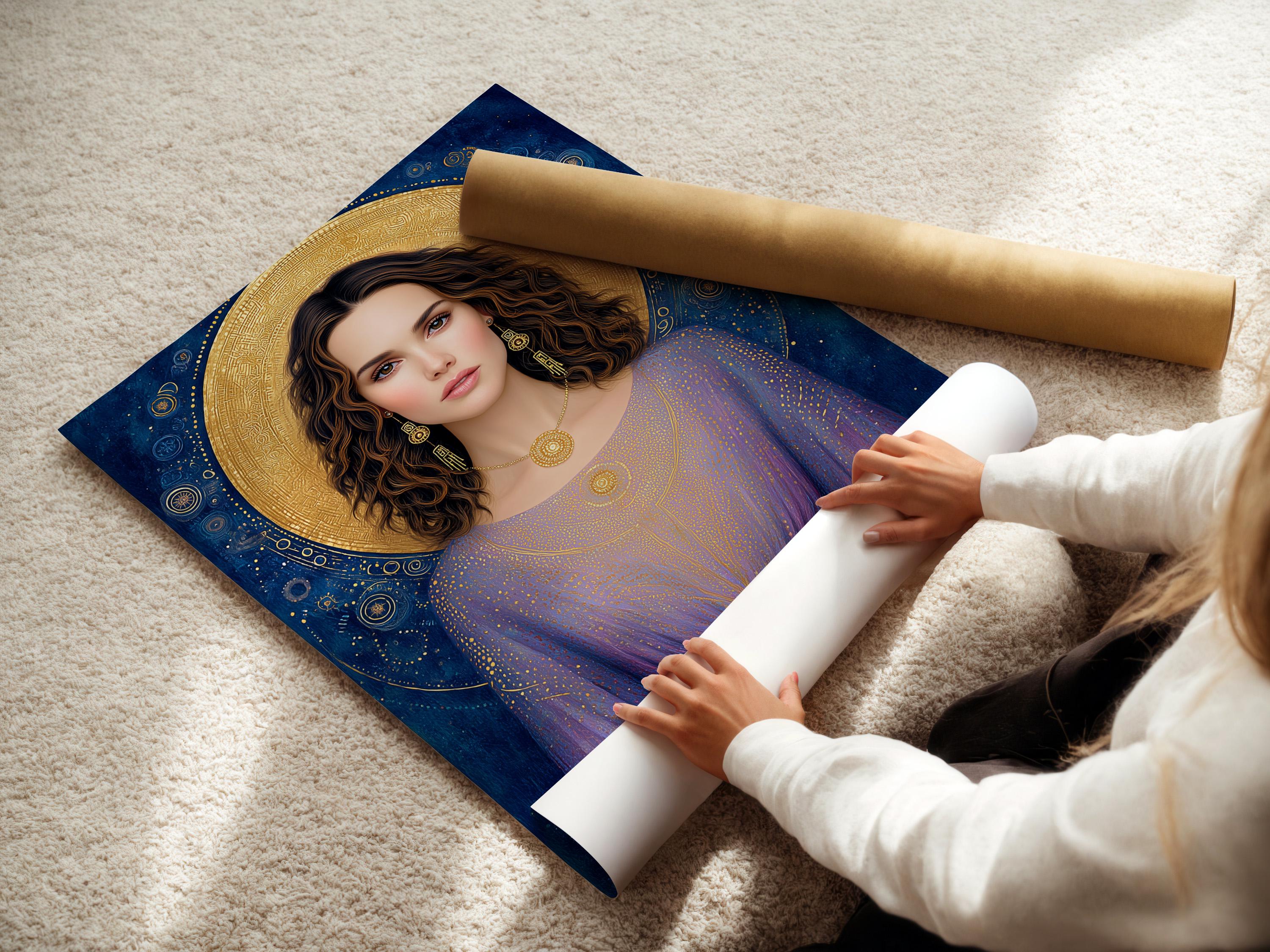 Celestial goddess portrait with a gold halo, blue and purple robe, and decorative star-like speckles detail view